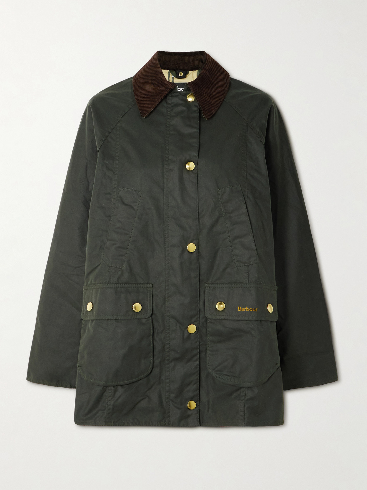 Barbour Beadnell Corduroy-trimmed Waxed-cotton Jacket In Green