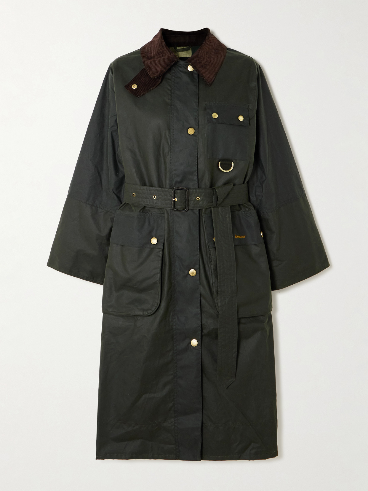 Barbour Milda Corduroy-trimmed Waxed-cotton Trench Coat In Green