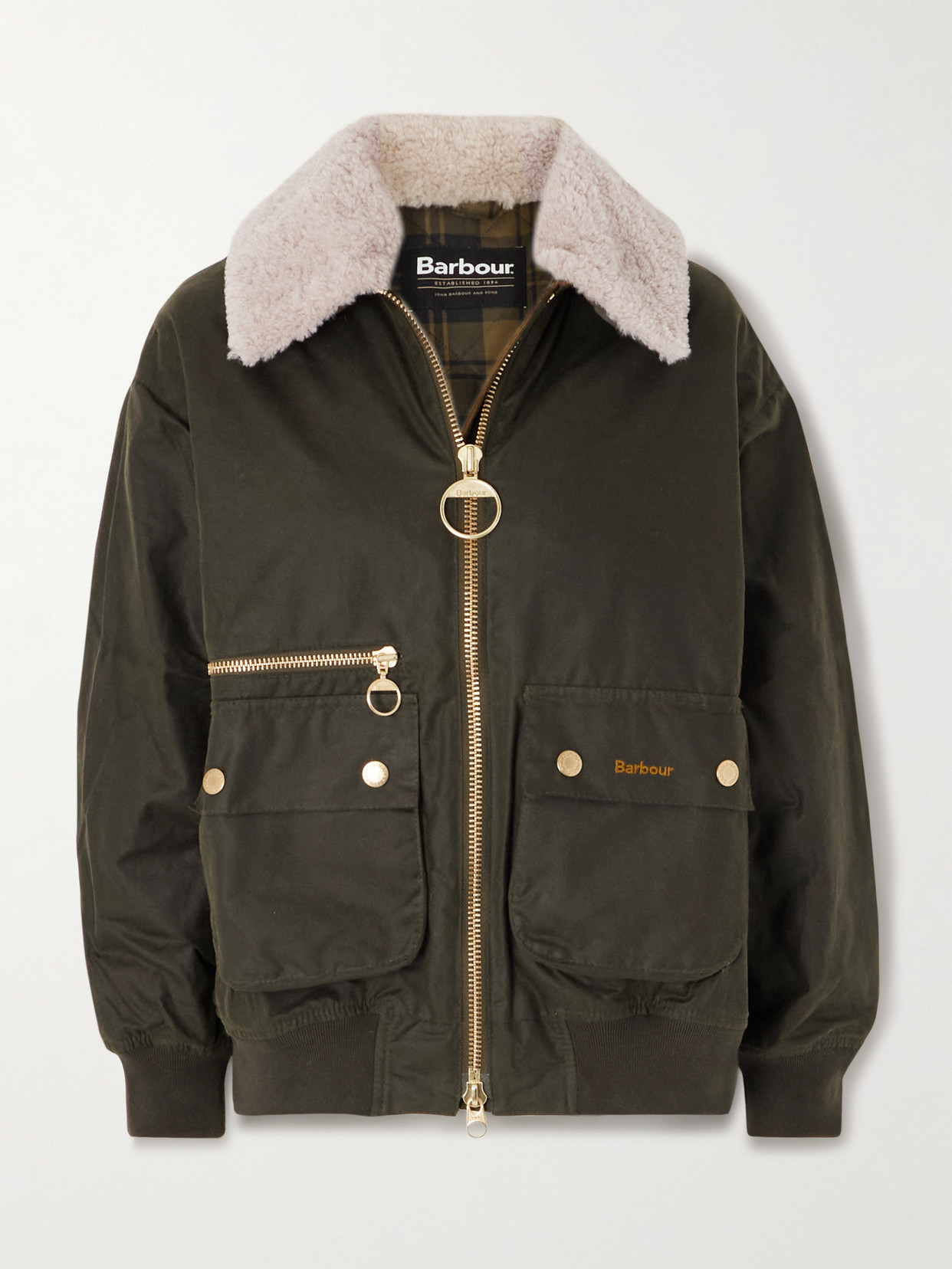 Barbour Maxine Faux Shearling-trimmed Waxed-cotton Jacket In Green