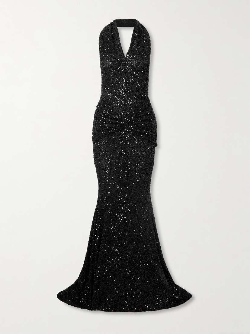 Patou Draped Sequined Mesh Halterneck Gown