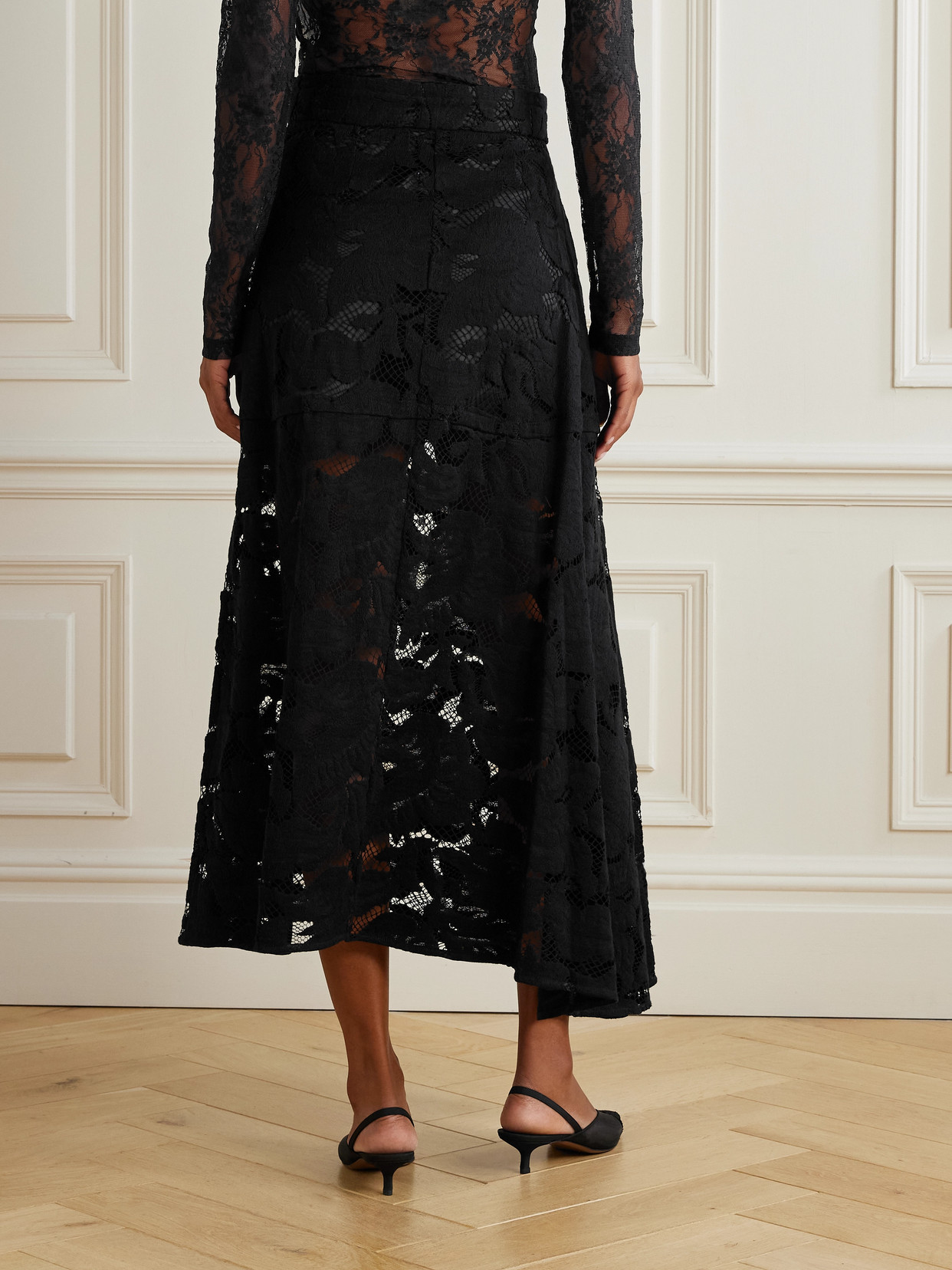 Patou Asymmetric Organic Cotton-blend Lace Midi Skirt In Black