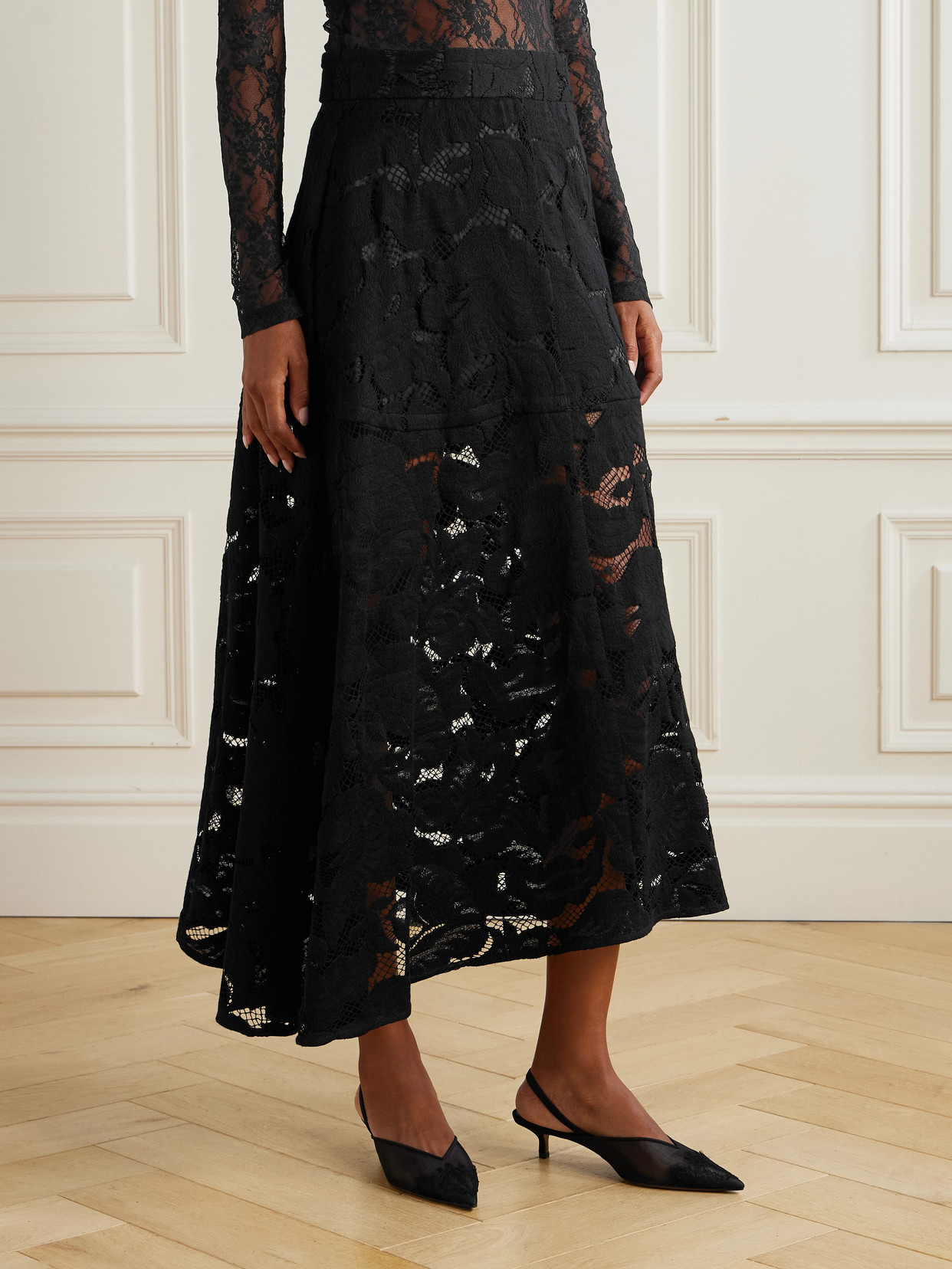 Patou Asymmetric Organic Cotton-blend Lace Midi Skirt In Black