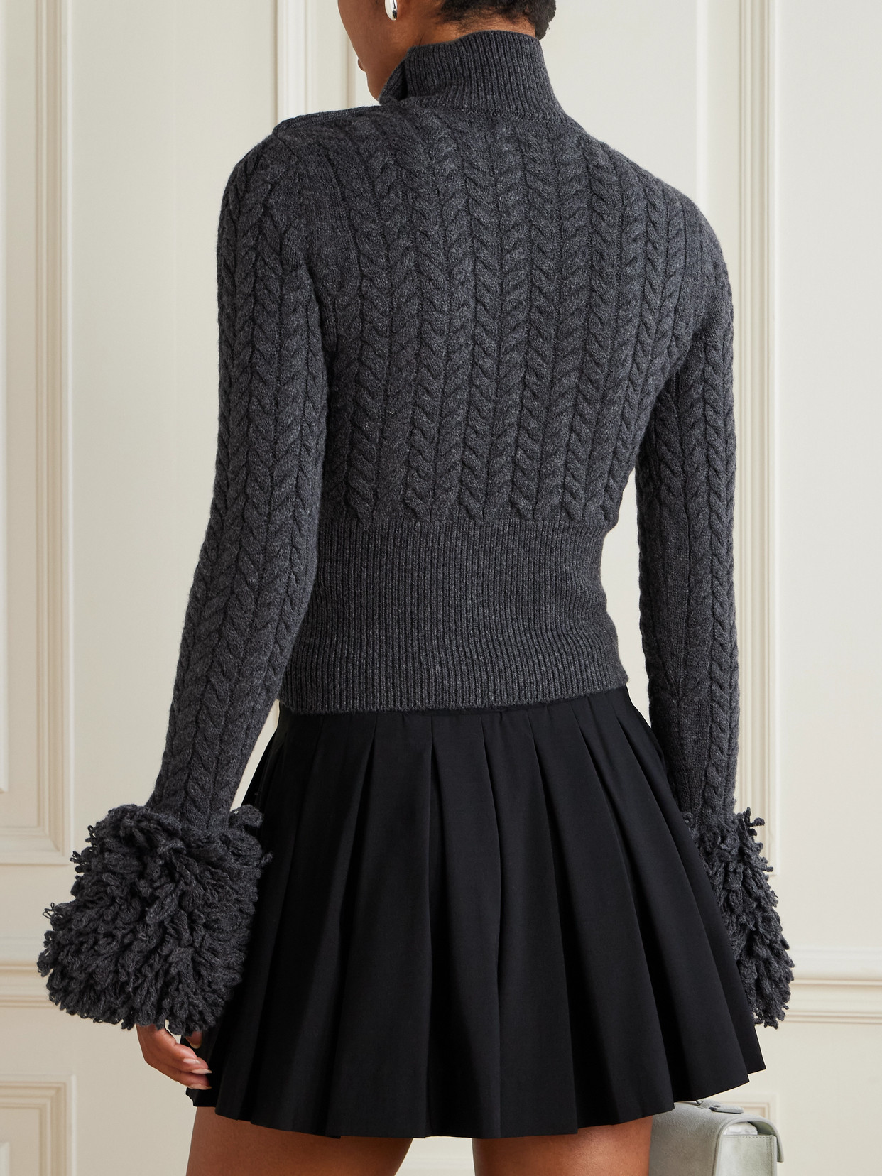 Patou Cropped Fringed Cable-knit Merino Wool And Cashmere-blend Sweater In Gray
