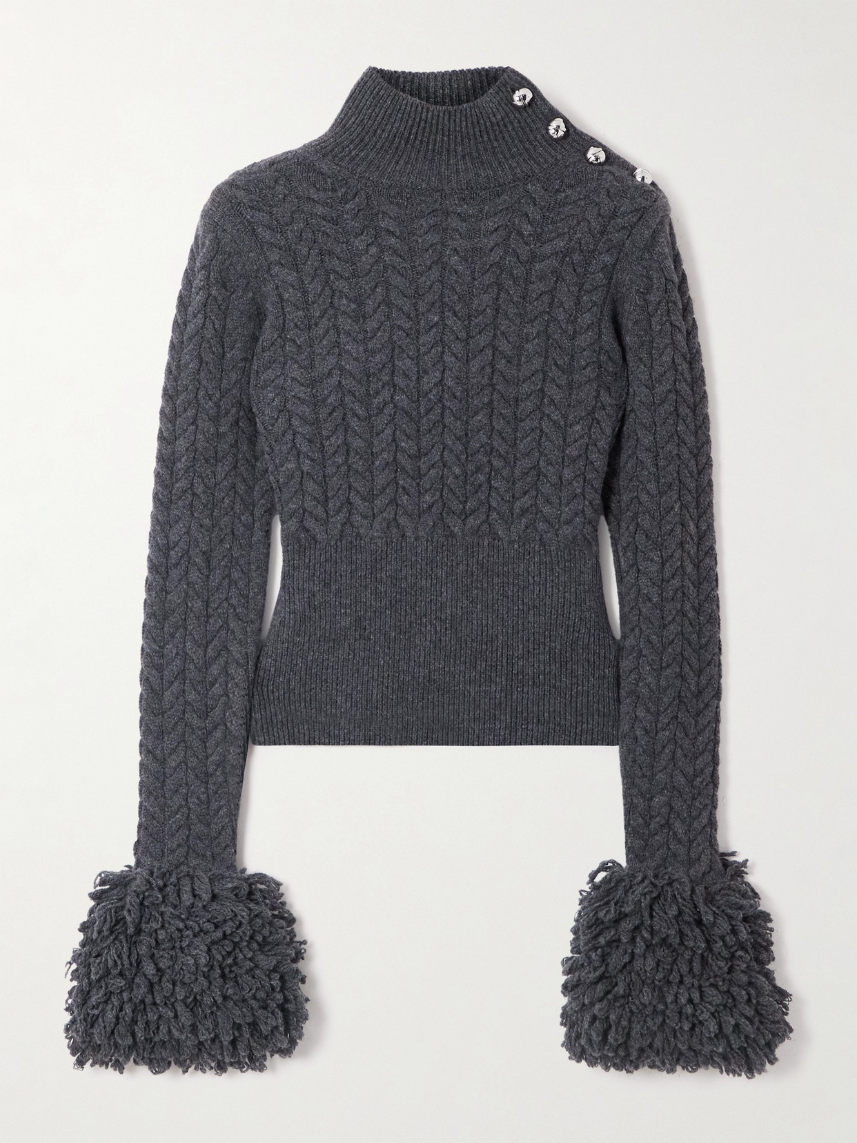Patou Cropped Fringed Cable-knit Merino Wool And Cashmere-blend Sweater In Gray