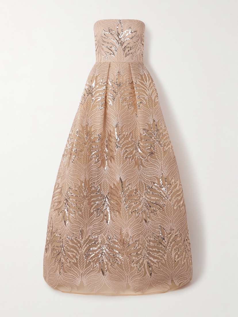 Elie Saab Pleated Sequined Embroidered Tulle Gown