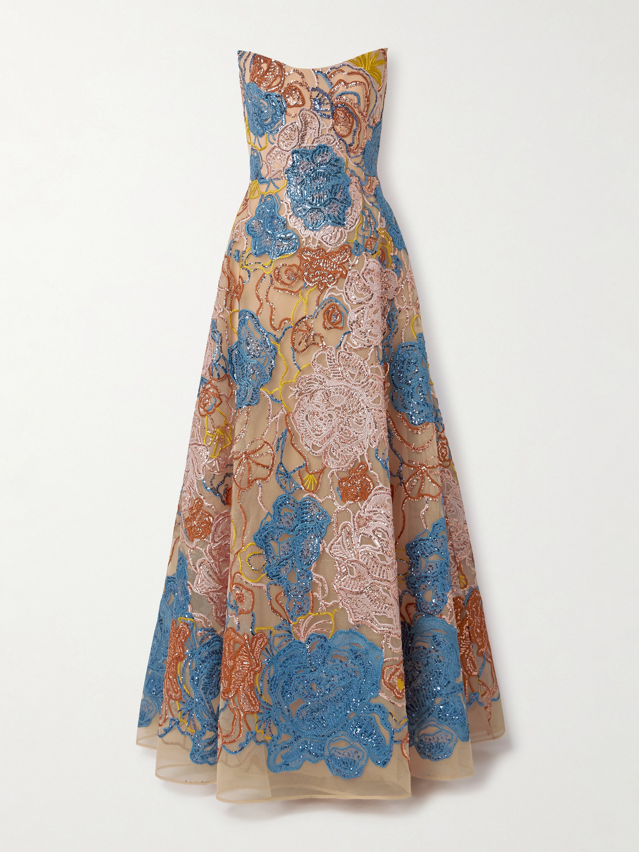 Elie Saab Strapless Belted Sequin-embellished Embroidered Tulle Gown In Brown