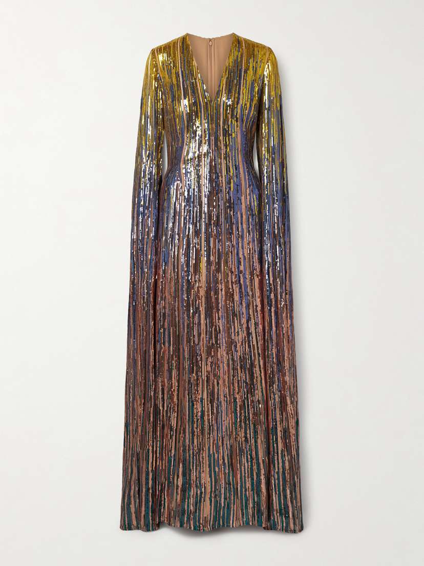 Elie Saab Cape-effect Sequined Tulle Gown