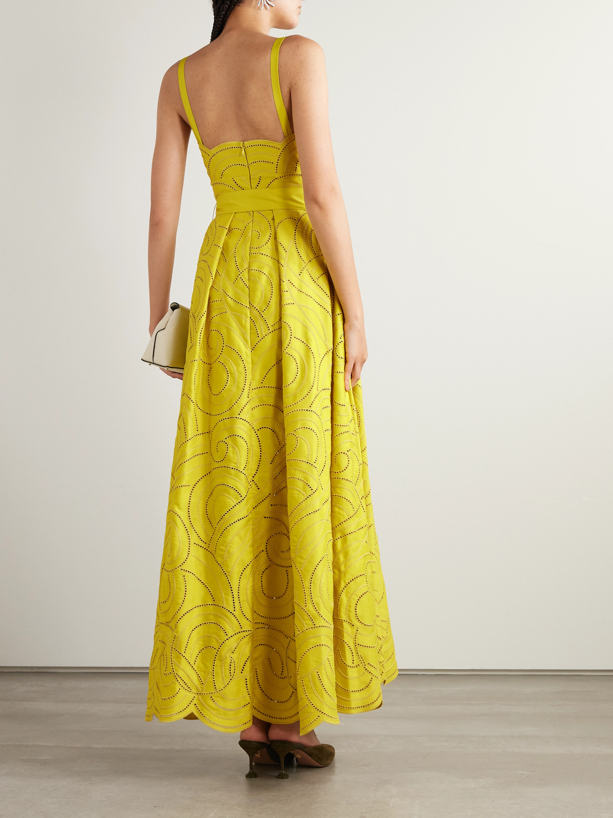 Elie Saab Belted Pleated Embroidered Cotton-blend Twill Gown