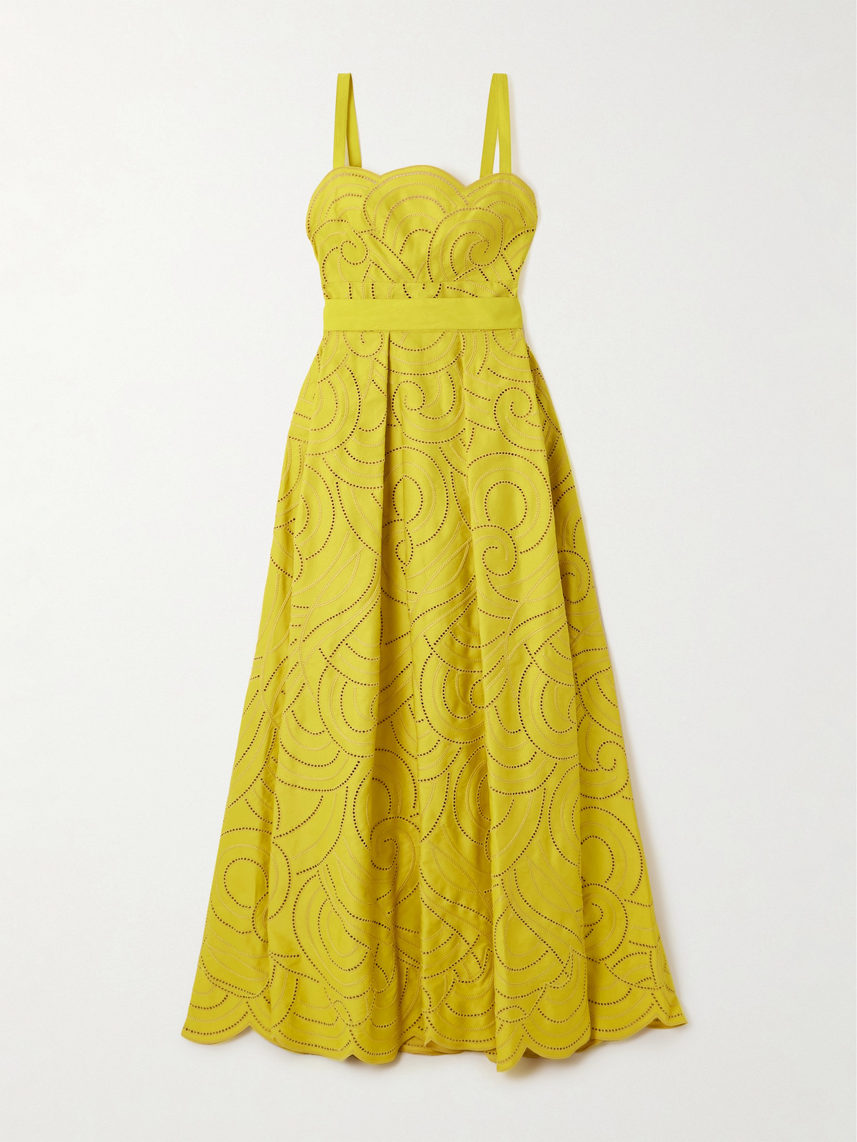Elie Saab Belted Pleated Embroidered Cotton-blend Twill Gown