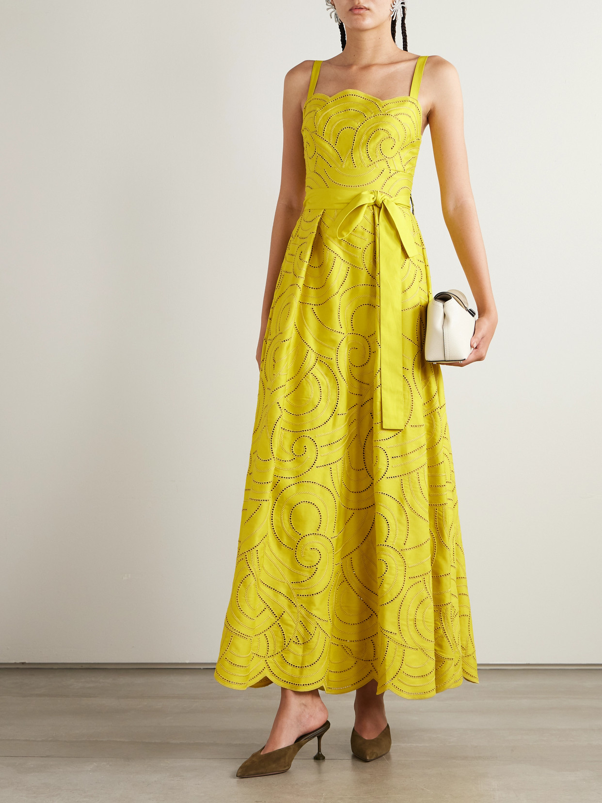 Elie Saab Belted Pleated Embroidered Cotton-blend Twill Gown