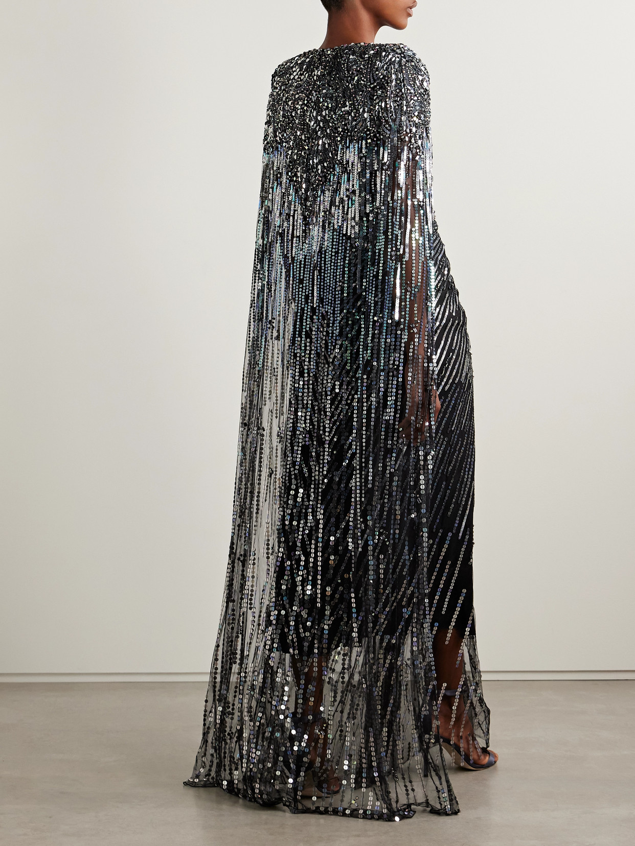 Jenny Packham Gold Rush Cape-effect Embellished Tulle Gown In Black