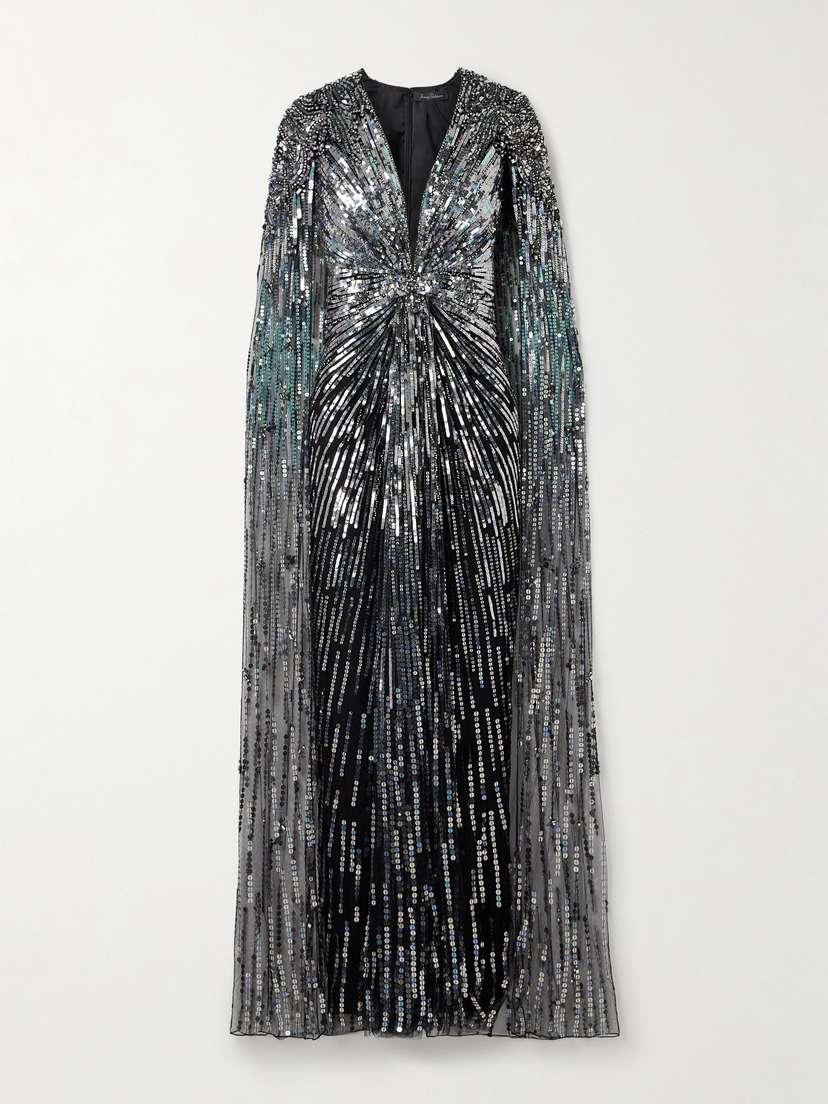 Jenny Packham Gold Rush Cape-effect Embellished Tulle Gown