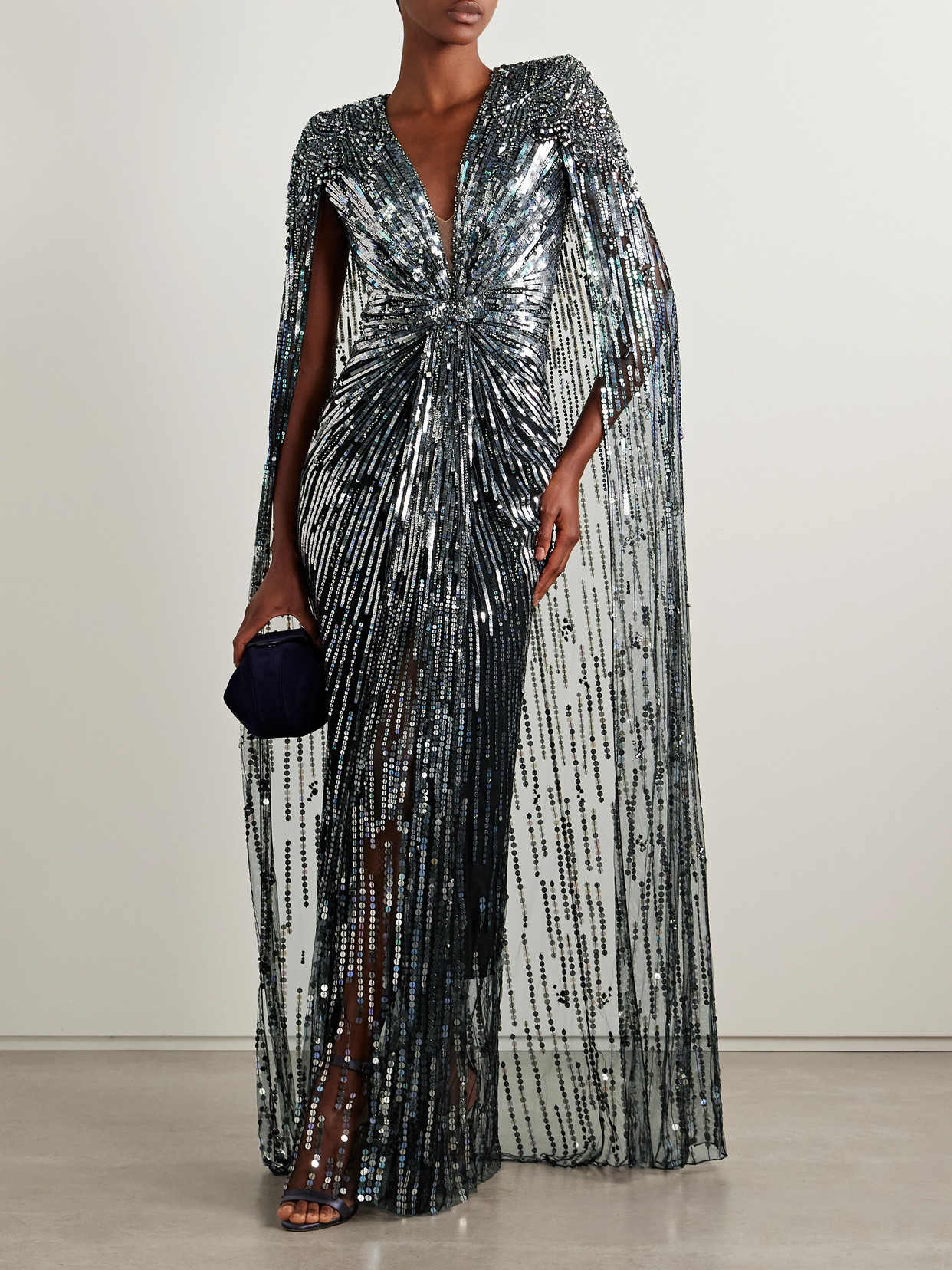 Jenny Packham Gold Rush Cape-effect Embellished Tulle Gown In Black