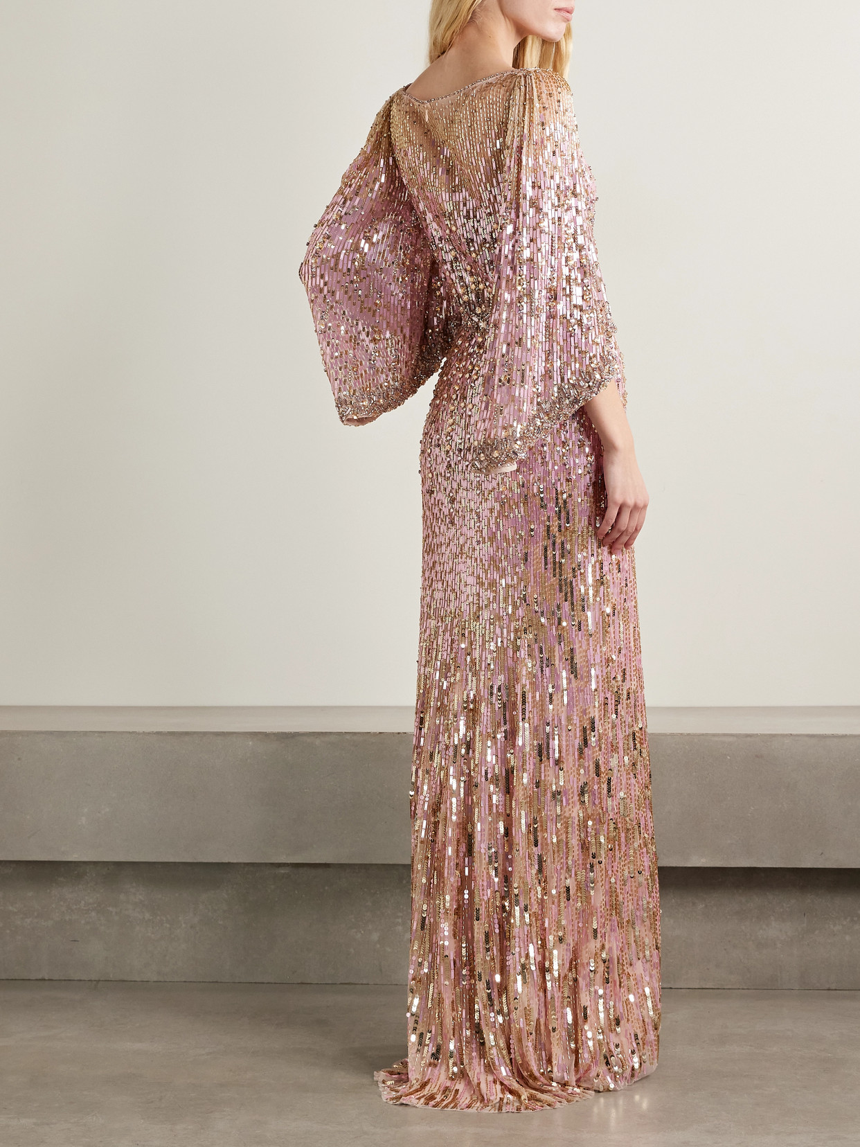 Jenny Packham Ines Crystal Sequined Flare-sleeve Gown In Pink
