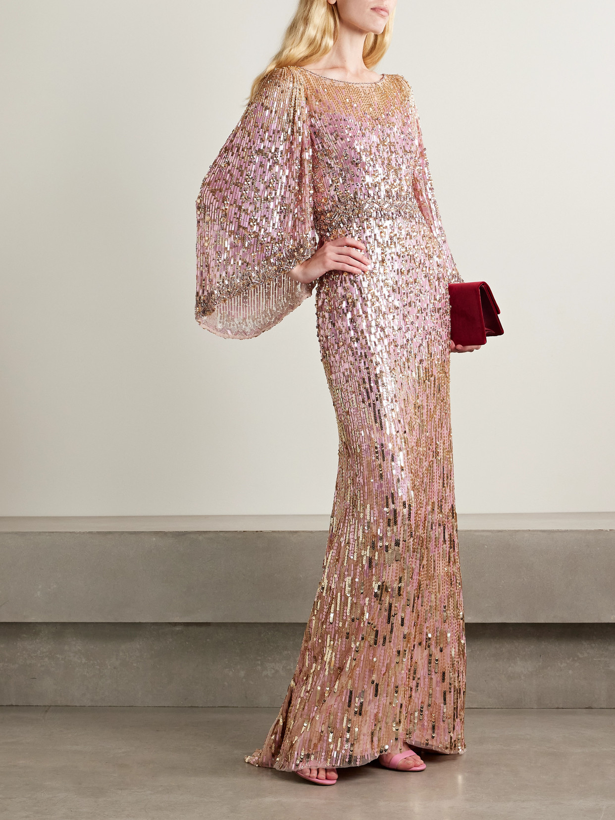 Jenny Packham Ines Crystal Sequined Flare-sleeve Gown In Pink