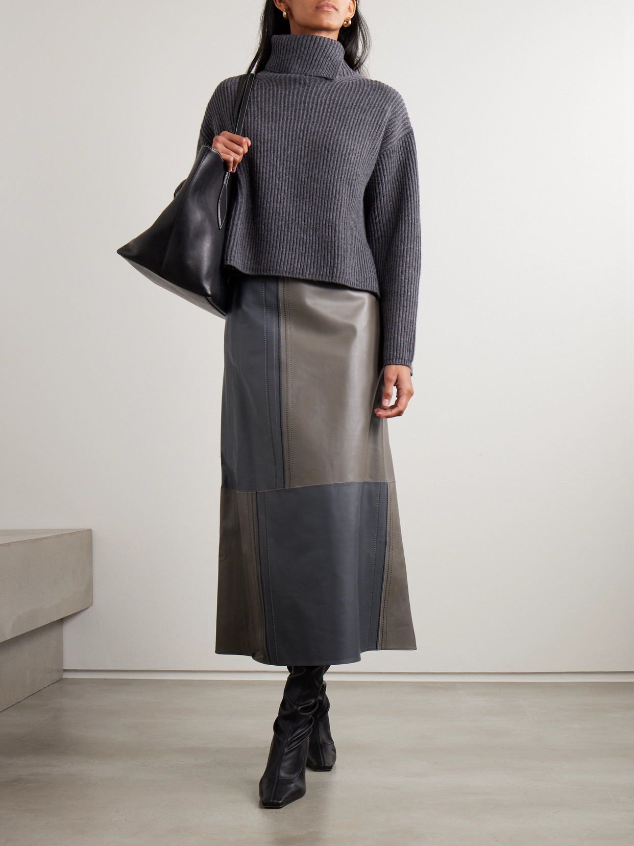 Joseph Cezanne Paneled Leather Midi Skirt In Gray