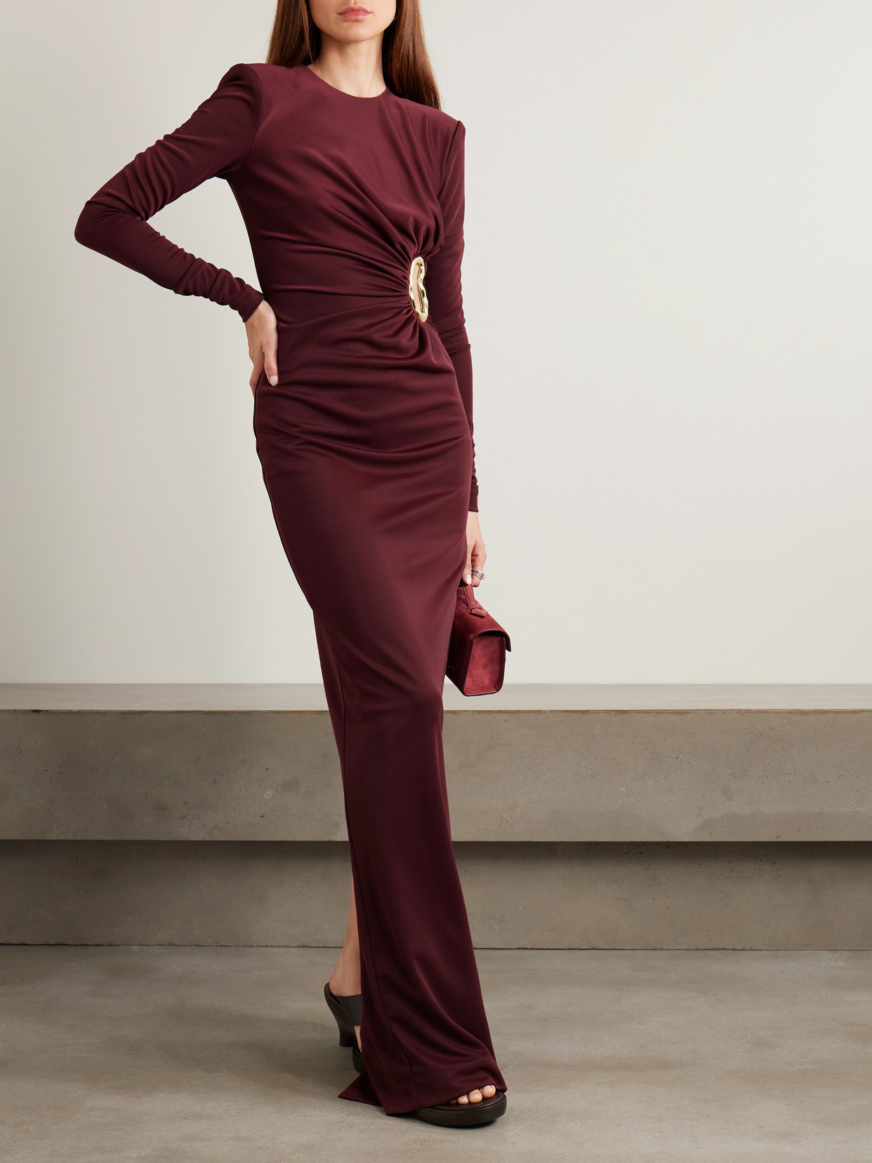 Rebecca Vallance Mischa Embellished Gathered Stretch-jersey Gown In Burgundy