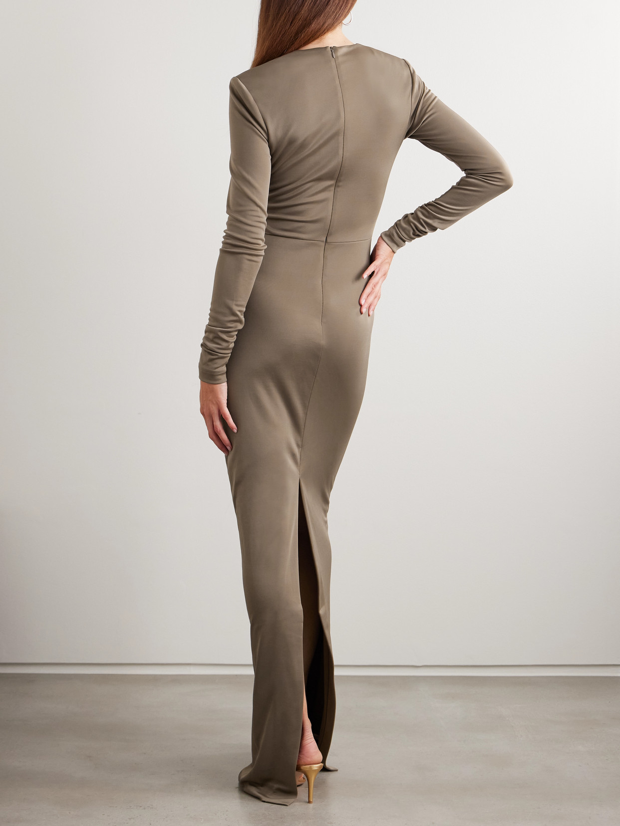 Rebecca Vallance Mischa Embellished Gathered Stretch-jersey Gown In Brown