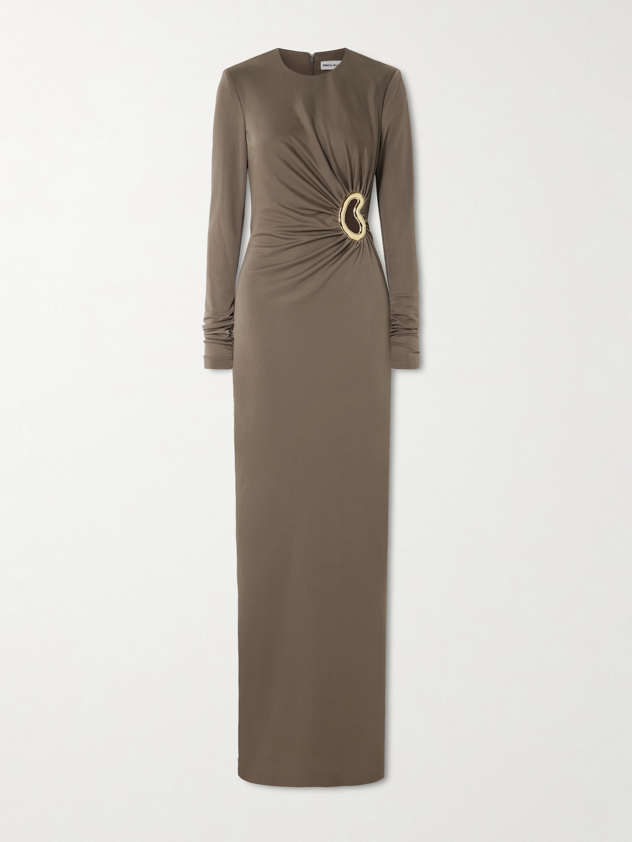 Rebecca Vallance Mischa Embellished Gathered Stretch-jersey Gown In Brown