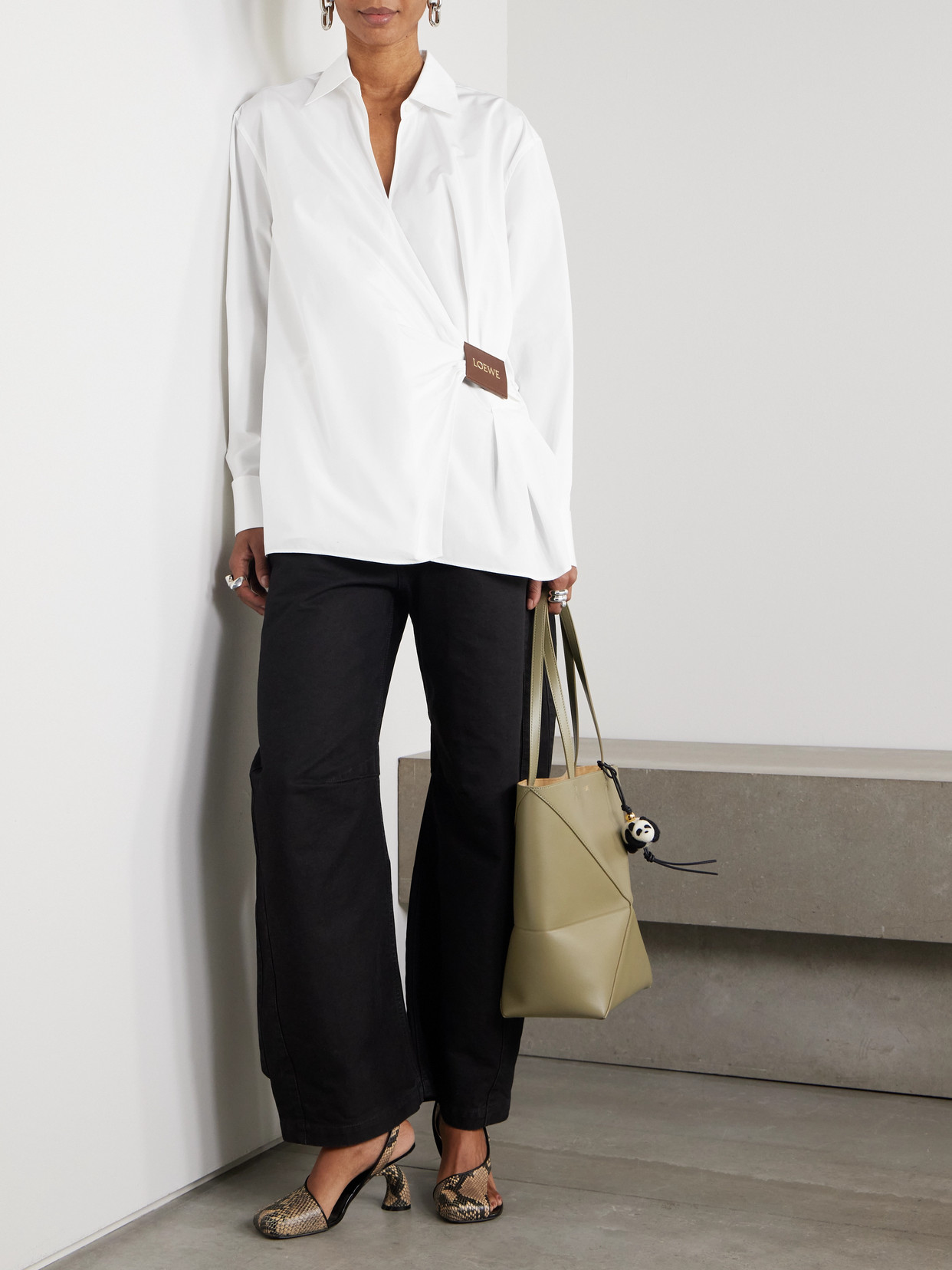 Loewe Wrap-effect Leather-trimmed Cotton-poplin Shirt In White