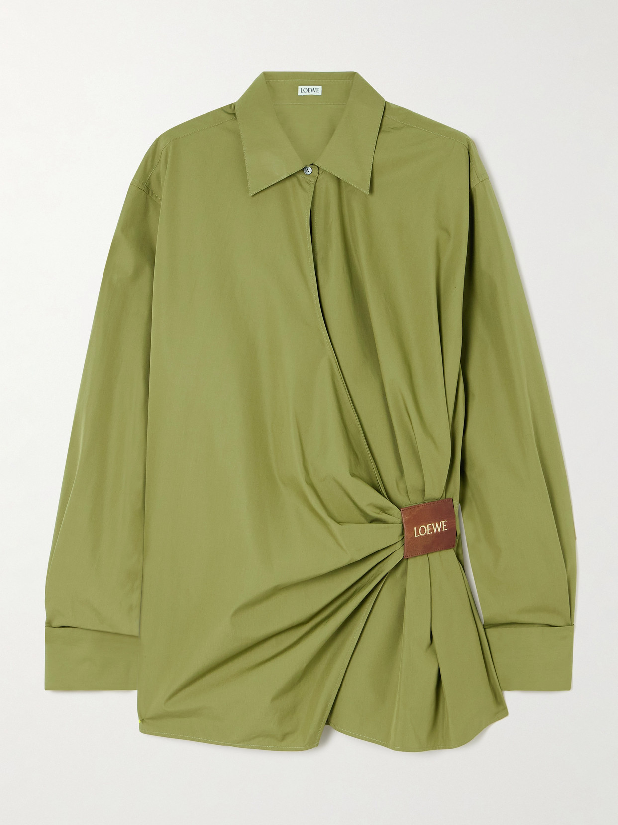 Loewe Wrap-effect Leather-trimmed Cotton-poplin Shirt In Green