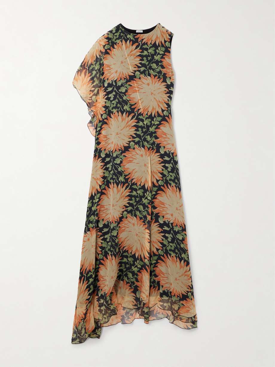 one-sleeve asymmetric floral-print silk-crepon dress