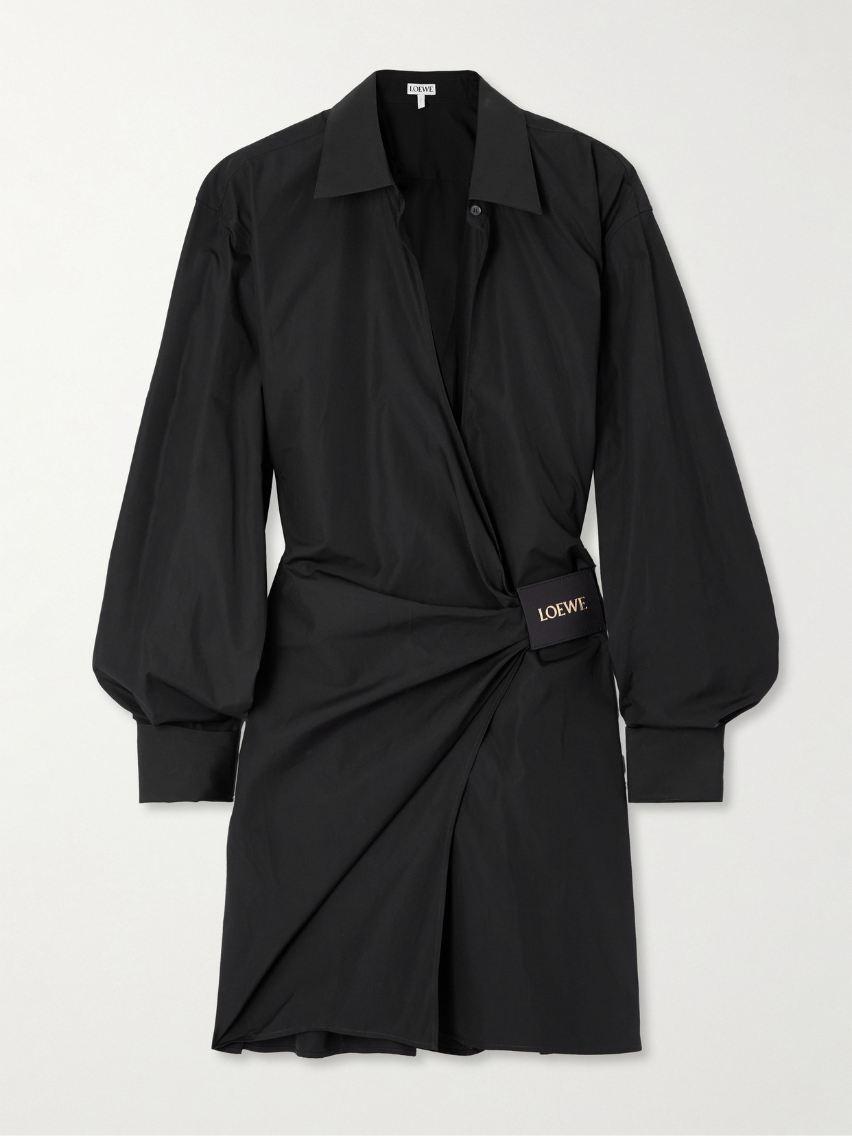 Loewe Wrap-effect Leather-trimmed Draped Cotton-poplin Mini Shirt Dress In Black