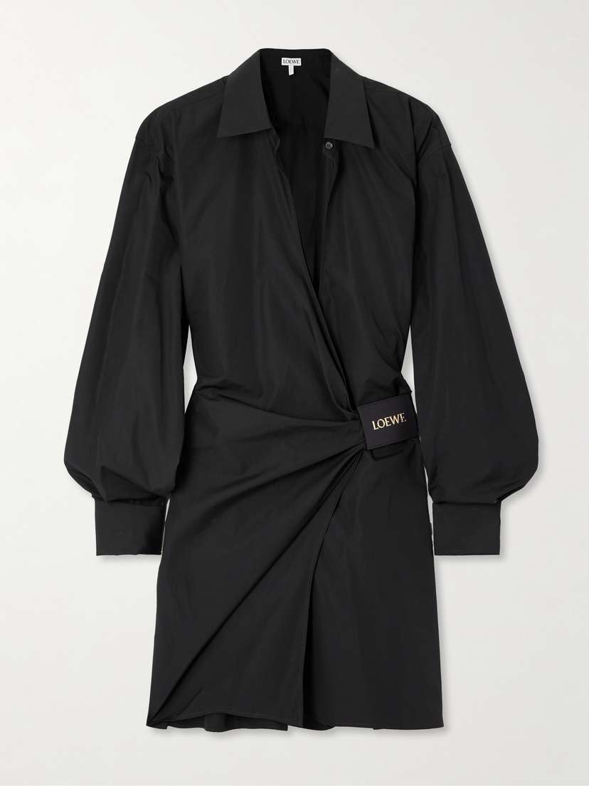 Loewe Wrap-effect Leather-trimmed Draped Cotton-poplin Mini Shirt Dress