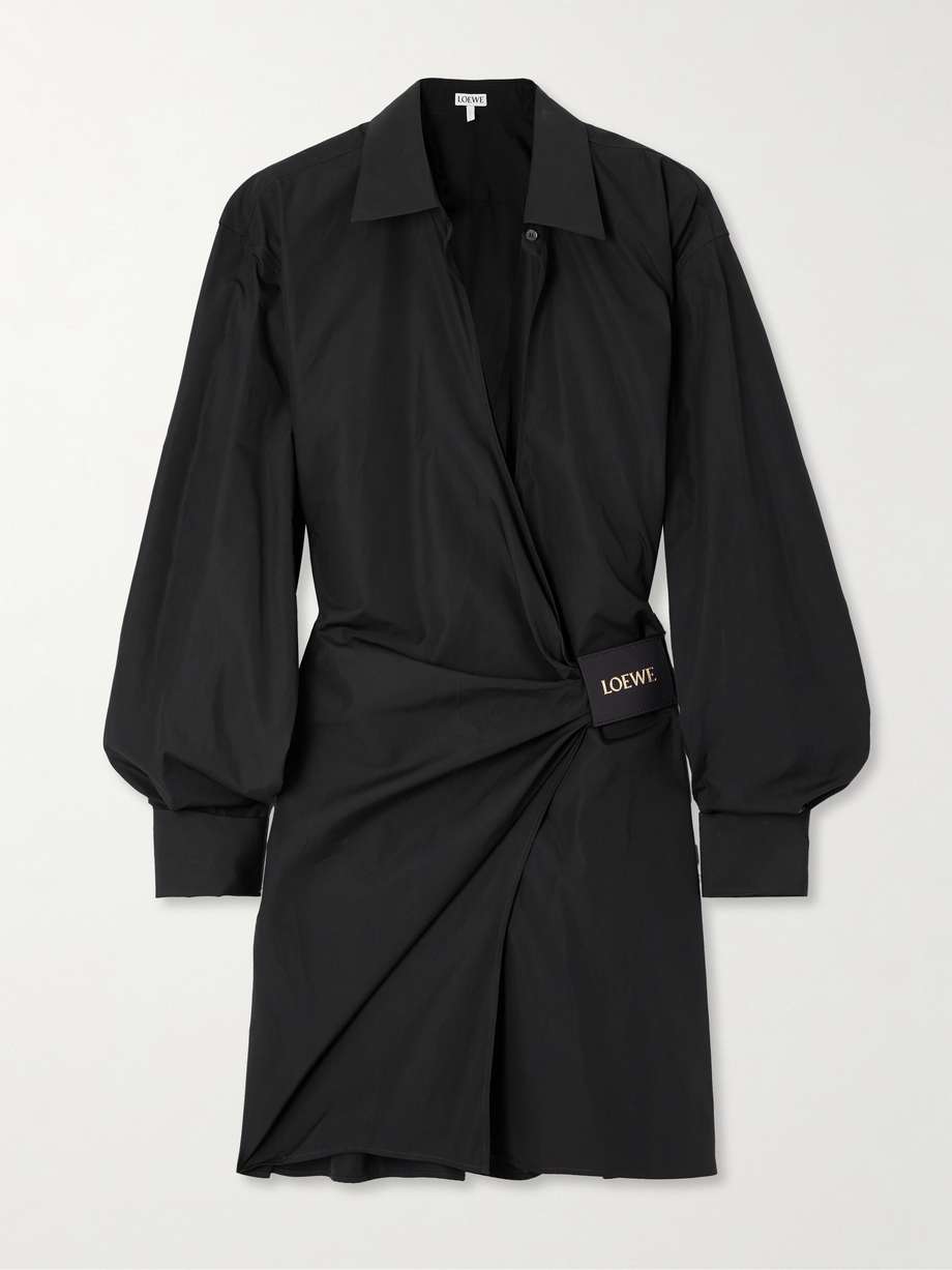 wrap-effect leather-trimmed draped cotton-poplin mini shirt dress