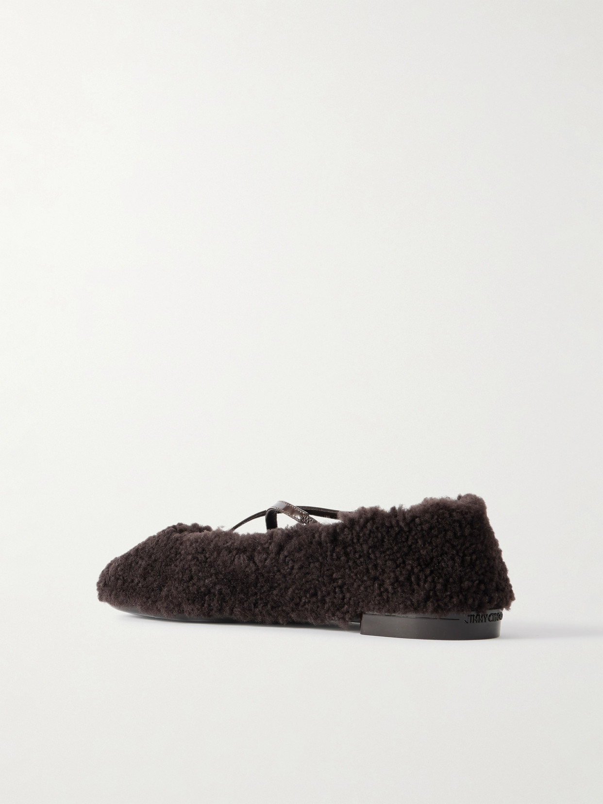 Jimmy Choo Eleri Embellished Patent Leather-trimmed Shearling Ballet Flats In Brown