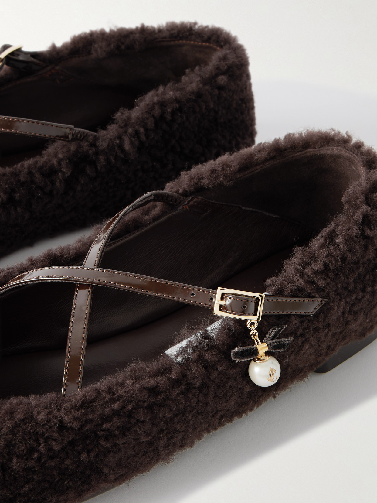 Jimmy Choo Eleri Embellished Patent Leather-trimmed Shearling Ballet Flats In Brown