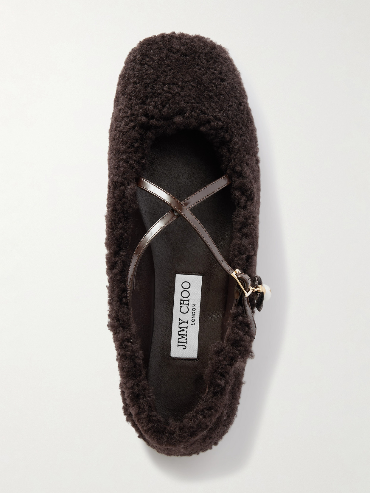 Jimmy Choo Eleri Embellished Patent Leather-trimmed Shearling Ballet Flats In Brown