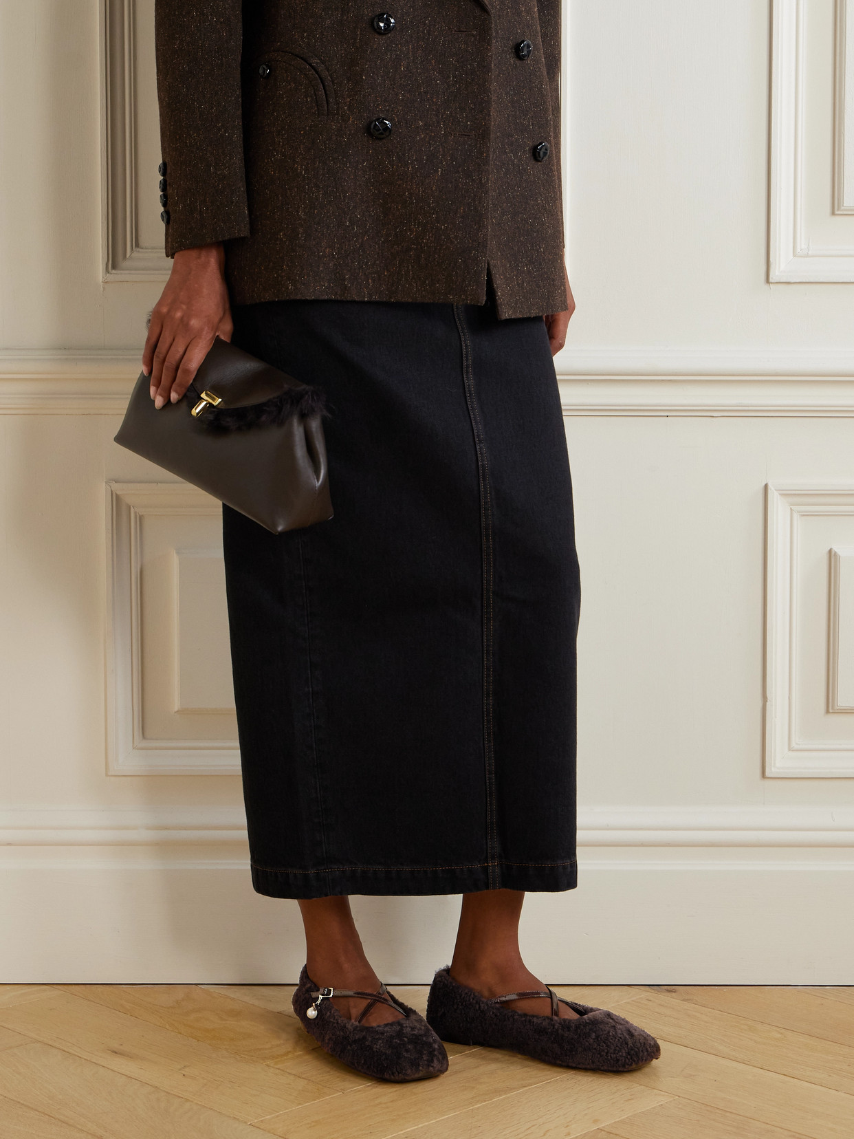 Jimmy Choo Eleri Embellished Patent Leather-trimmed Shearling Ballet Flats In Brown