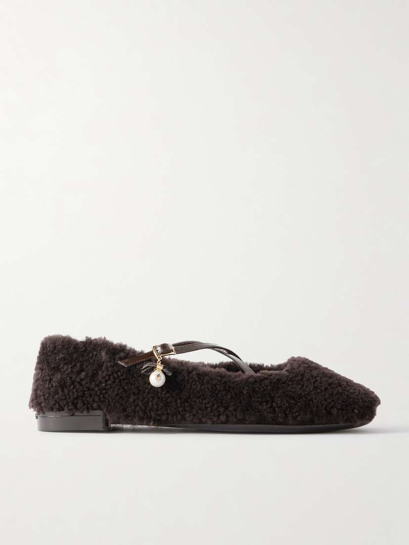 Jimmy Choo Eleri Embellished Patent Leather-trimmed Shearling Ballet Flats