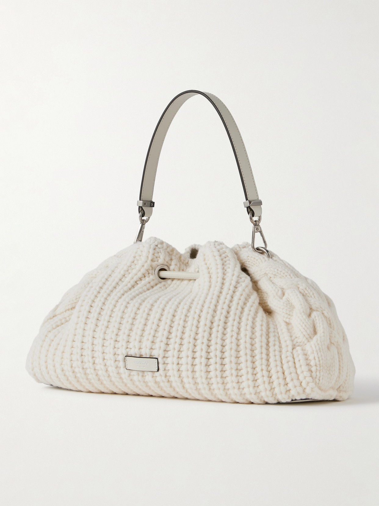 Jimmy Choo Bon Bon Leather-trimmed Cable-knit Wool Shoulder Bag In White
