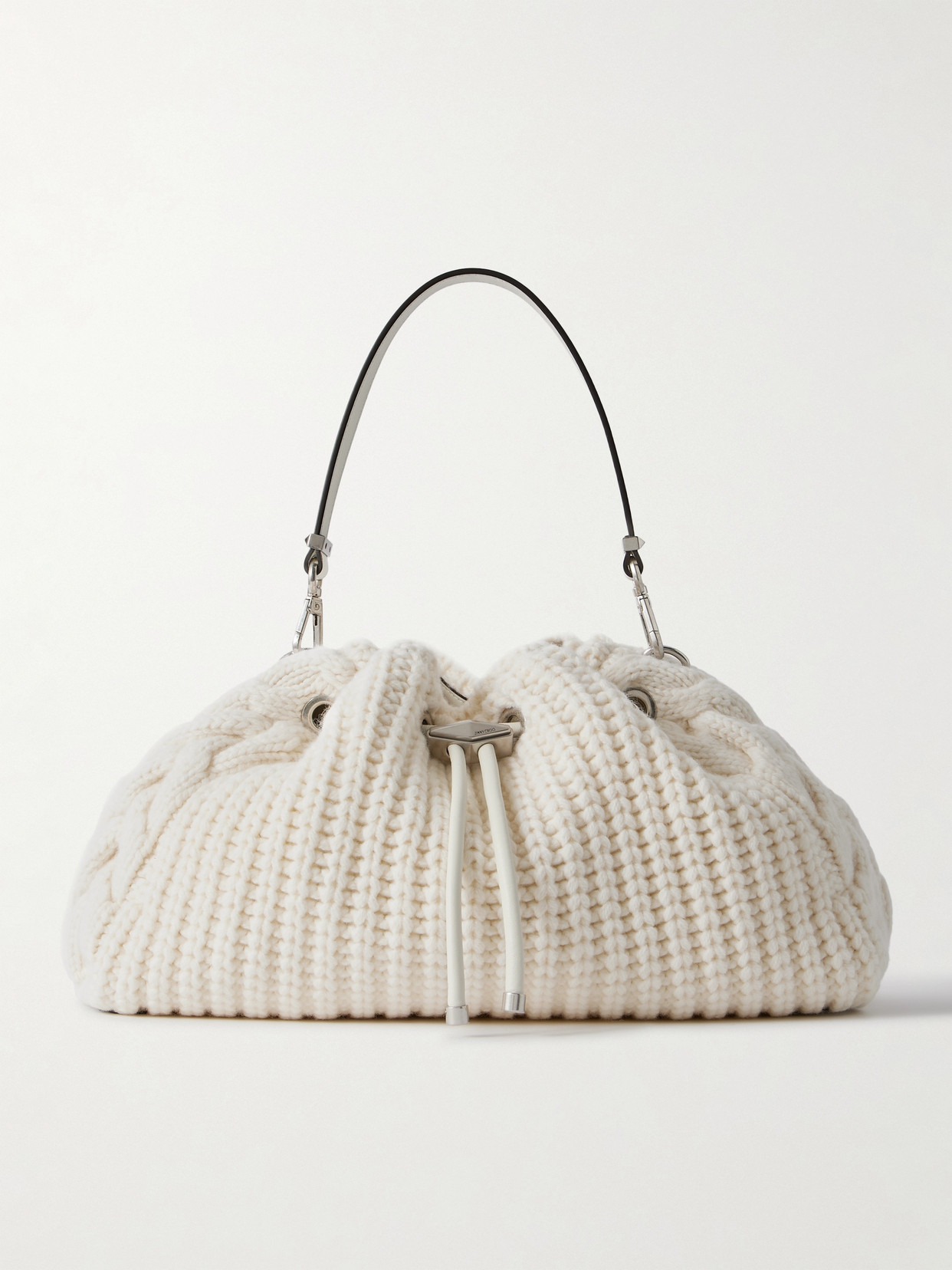 Jimmy Choo Bon Bon Leather-trimmed Cable-knit Wool Shoulder Bag In White
