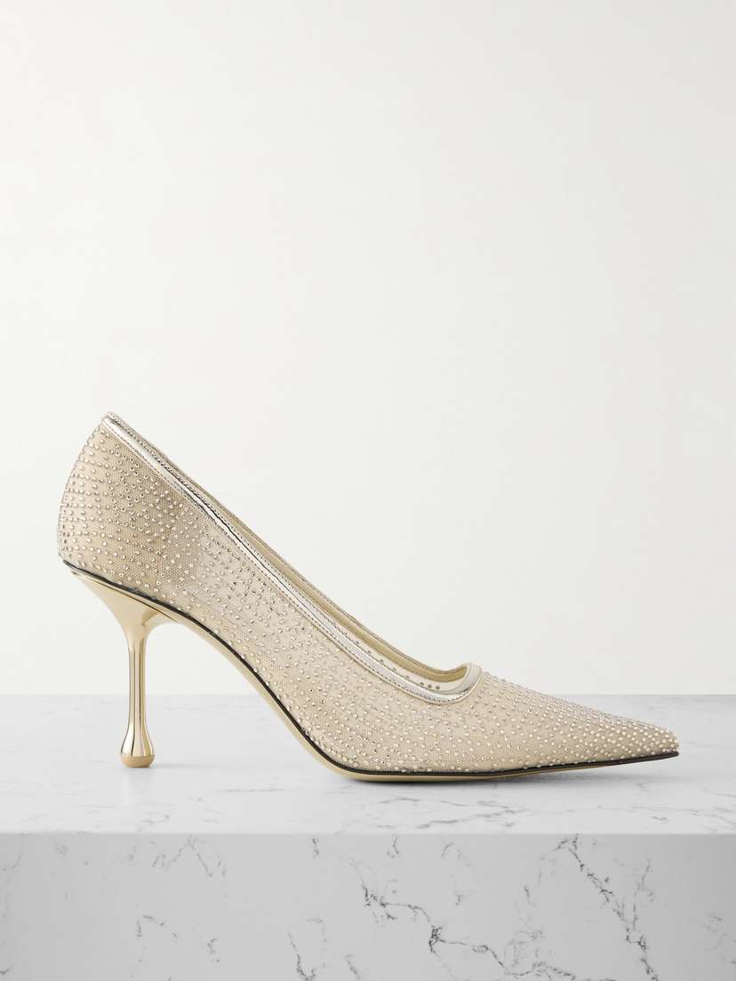 Jimmy Choo Ixia 80 Mirrored Leather-trimmed Crystal-embellished Mesh Pumps