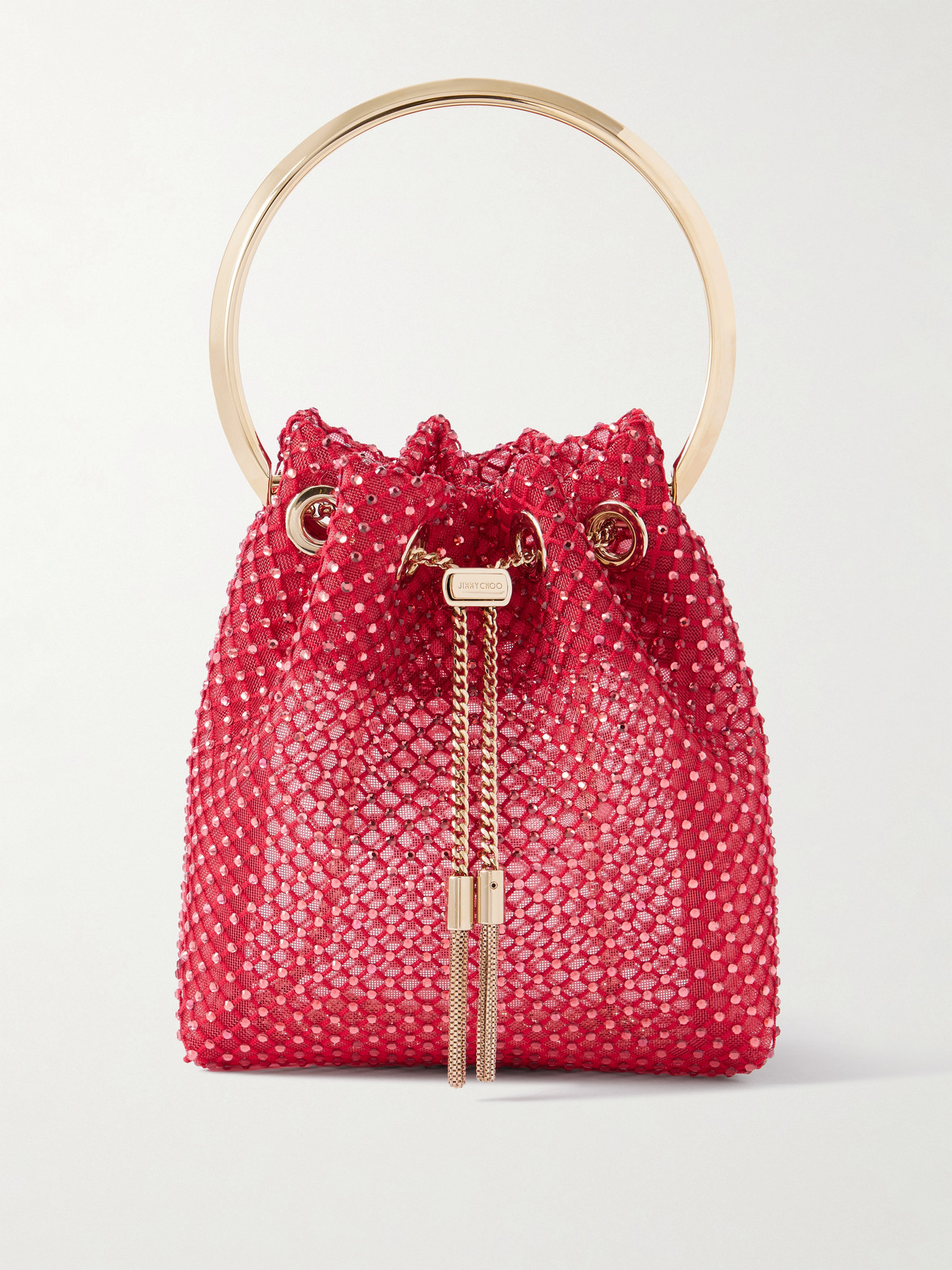 Jimmy Choo Bon Bon Crystal-embellished Mesh Bucket Bag In Red