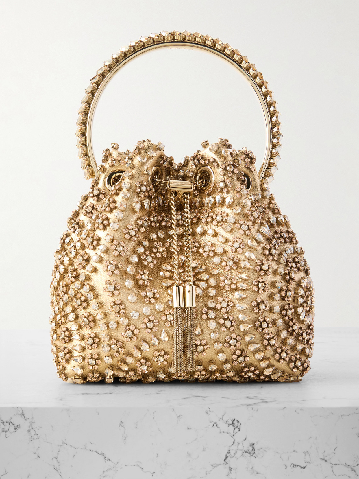 Jimmy Choo Bon Bon Crystal-embellished Satin Bucket Bag In Gold