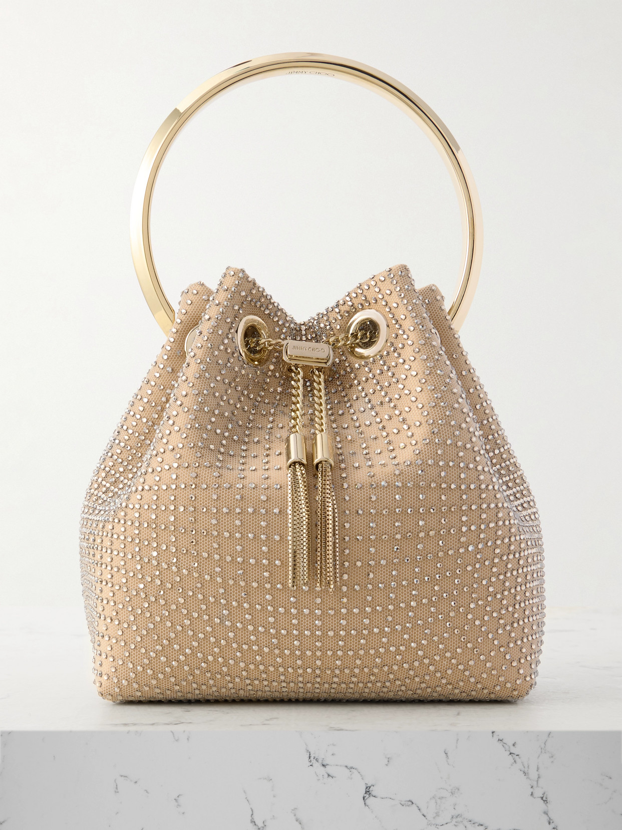 Jimmy Choo Bon Bon Crystal-embellished Mesh And Satin Bucket Bag In Gold