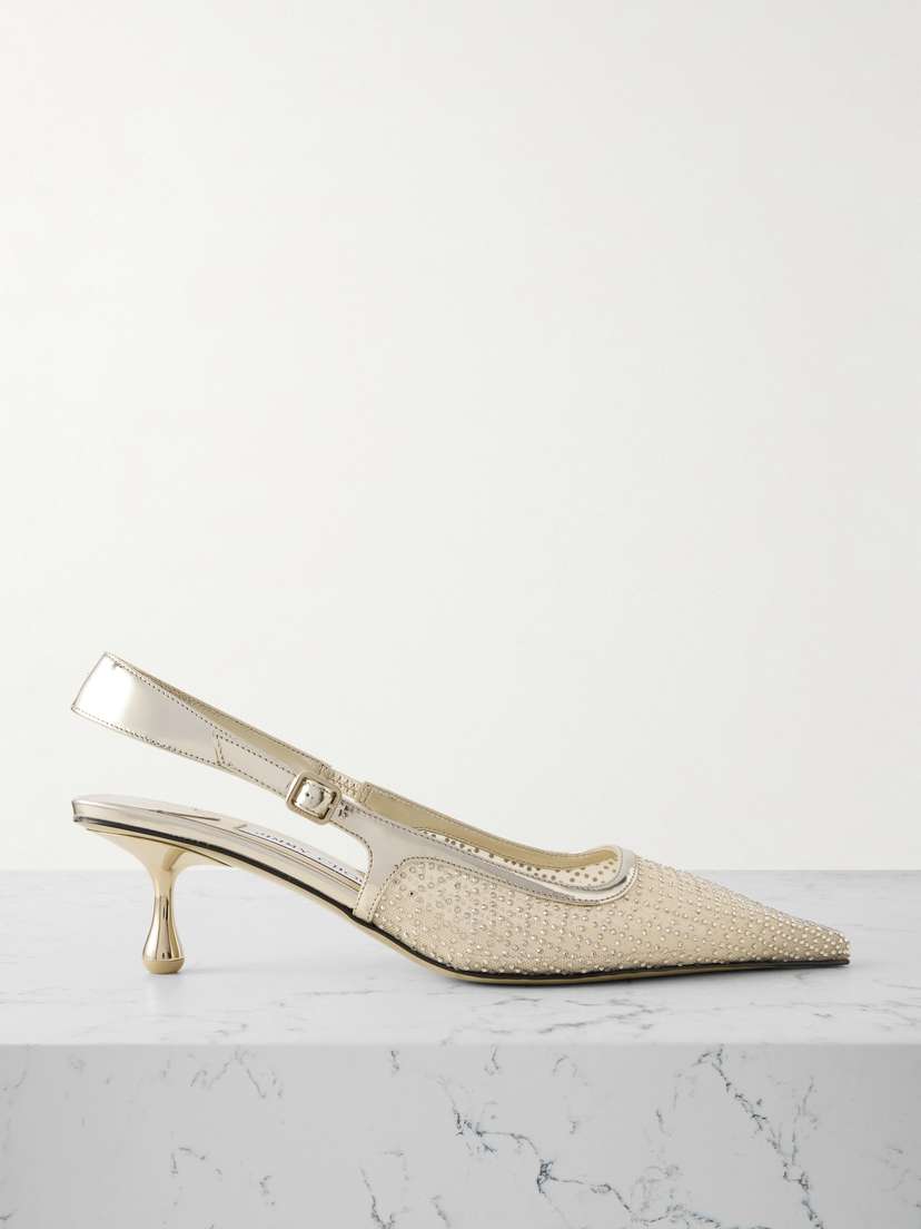 Jimmy Choo Amel 50 Mirrored Leather-trimmed Crystal-embellished Mesh Slingback Pumps