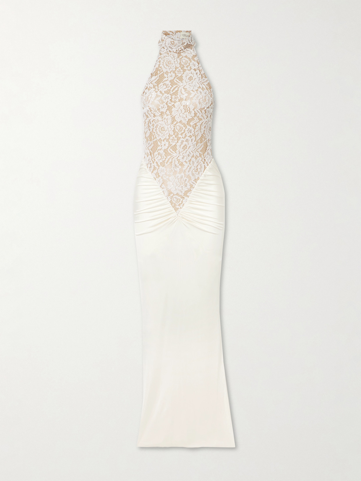 The New Arrivals Ilkyaz Ozel Cass Gathered Lace-trimmed Satin-jersey Halterneck Gown