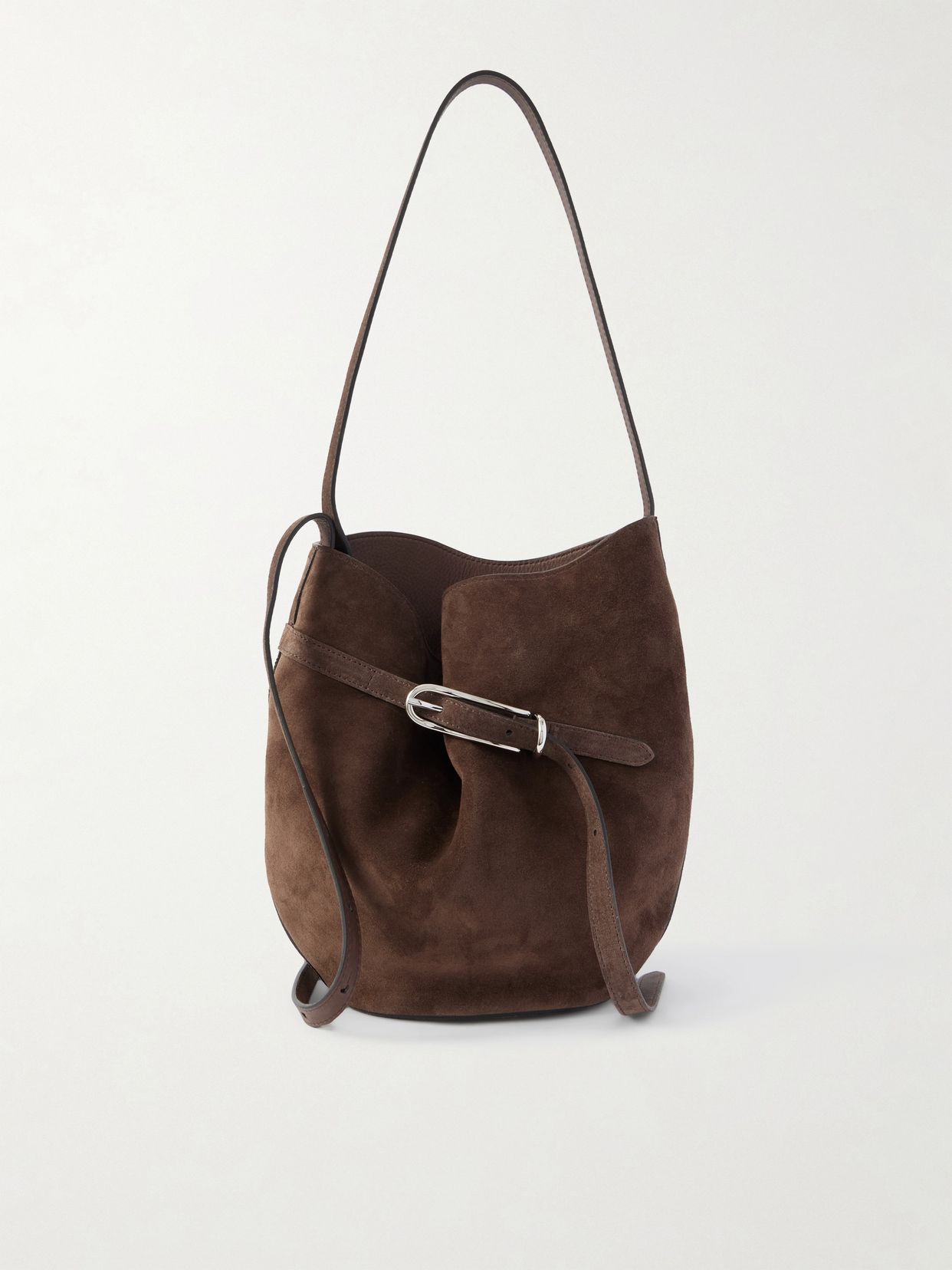 buckled suede bucket bag