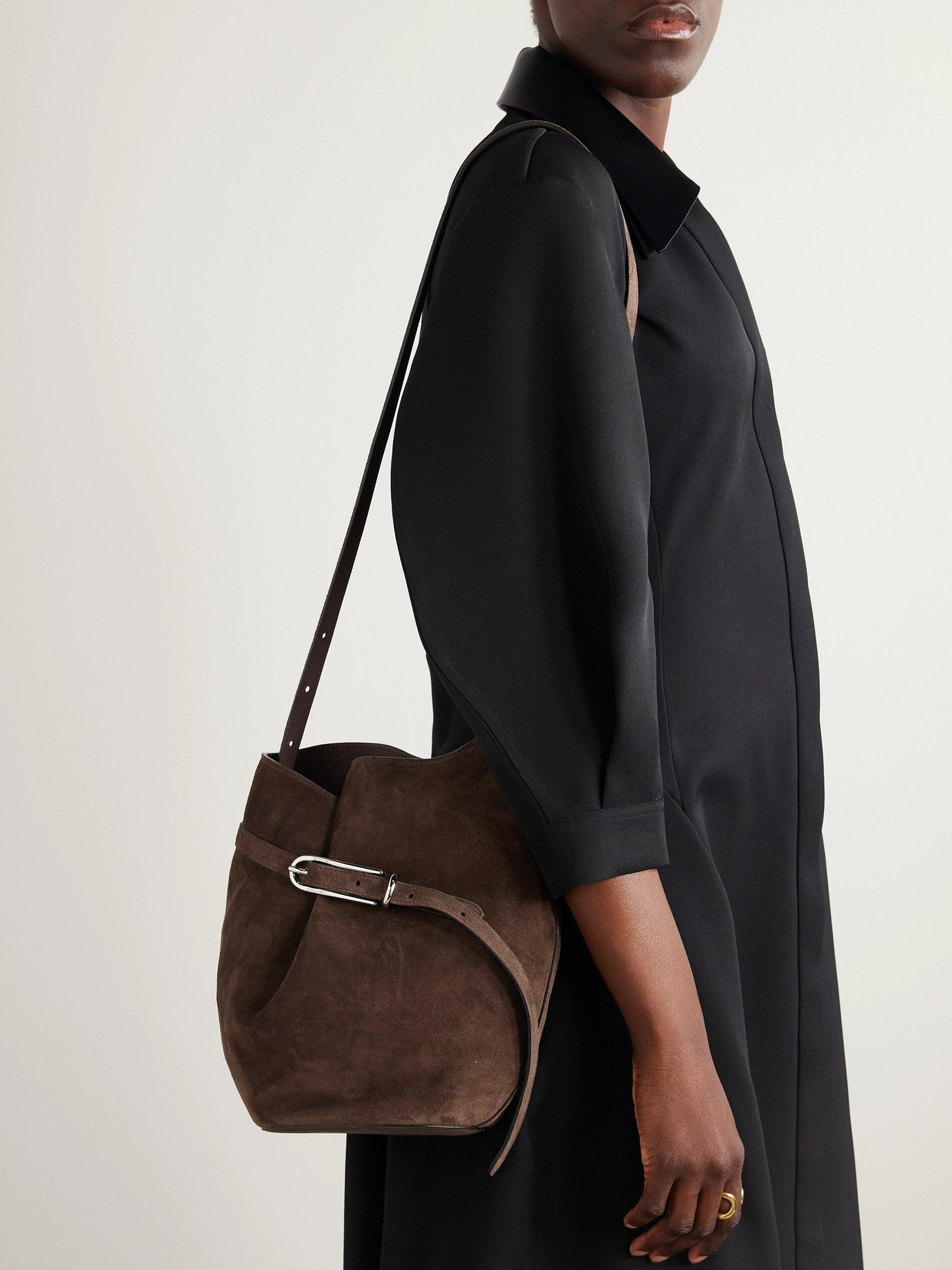 Liffner Buckled Suede Bucket Bag In Brown