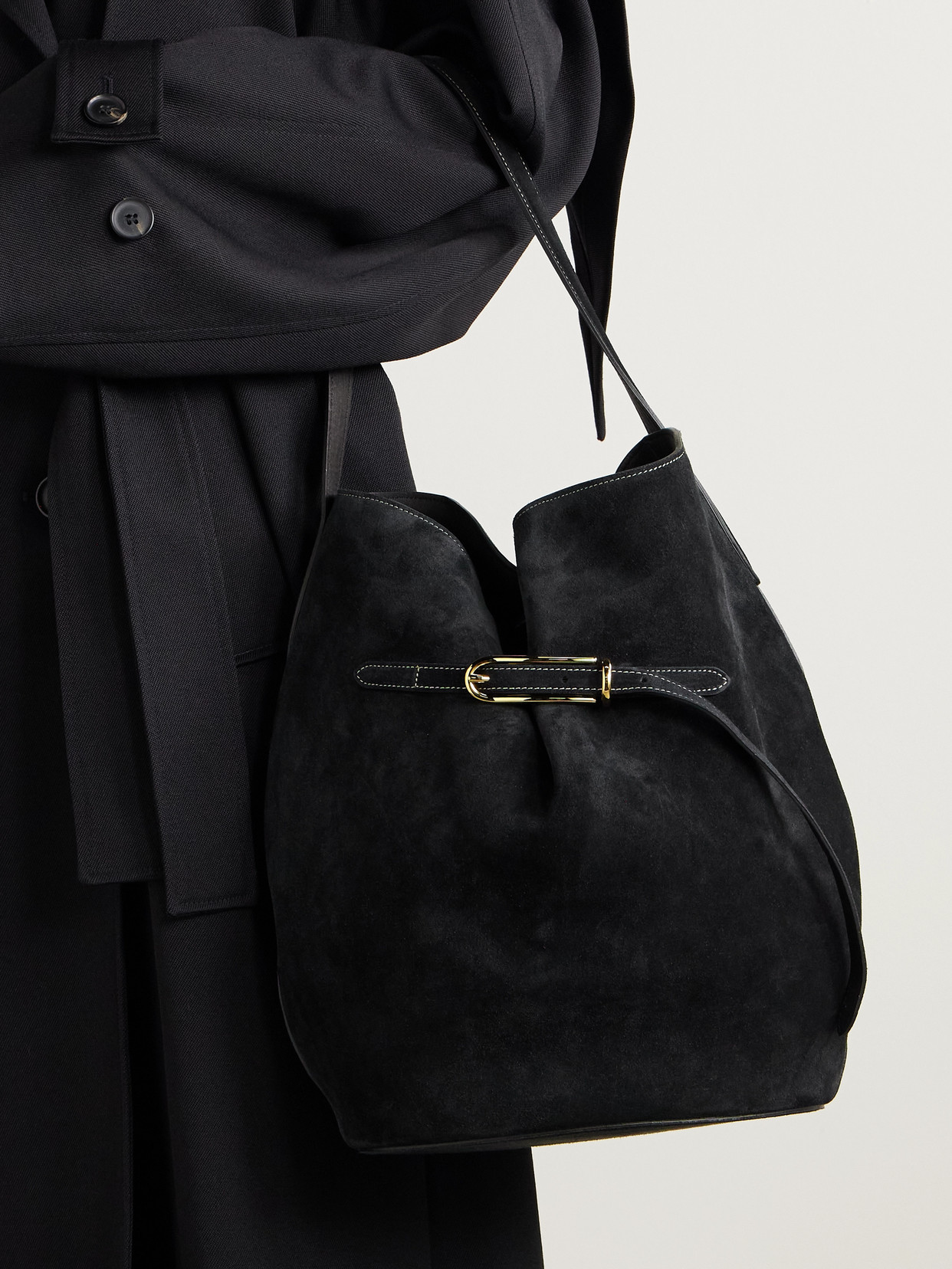 Liffner Belted Bucket Bag Large Black Suede In Black