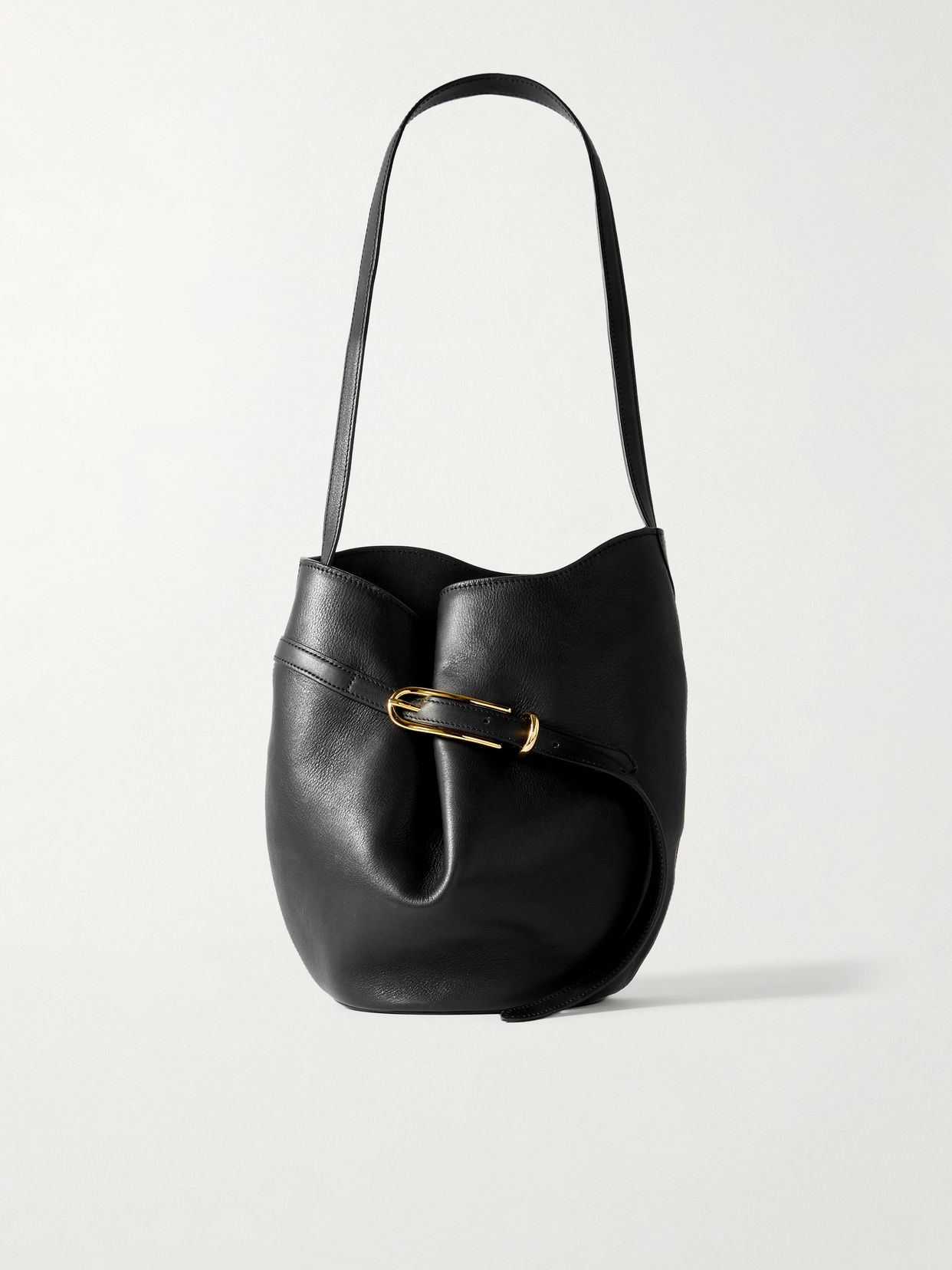 Buckled leather bucket bag