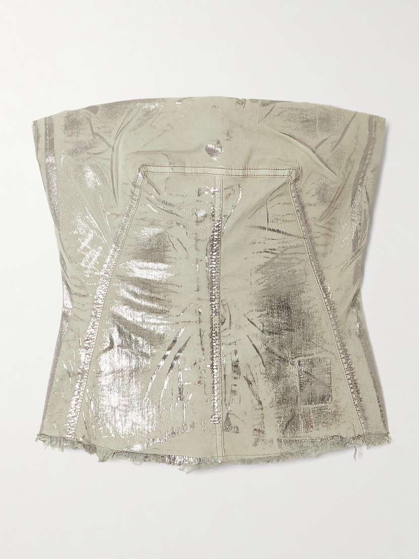 Rick Owens Strapless Frayed Metallic Denim Bustier Top