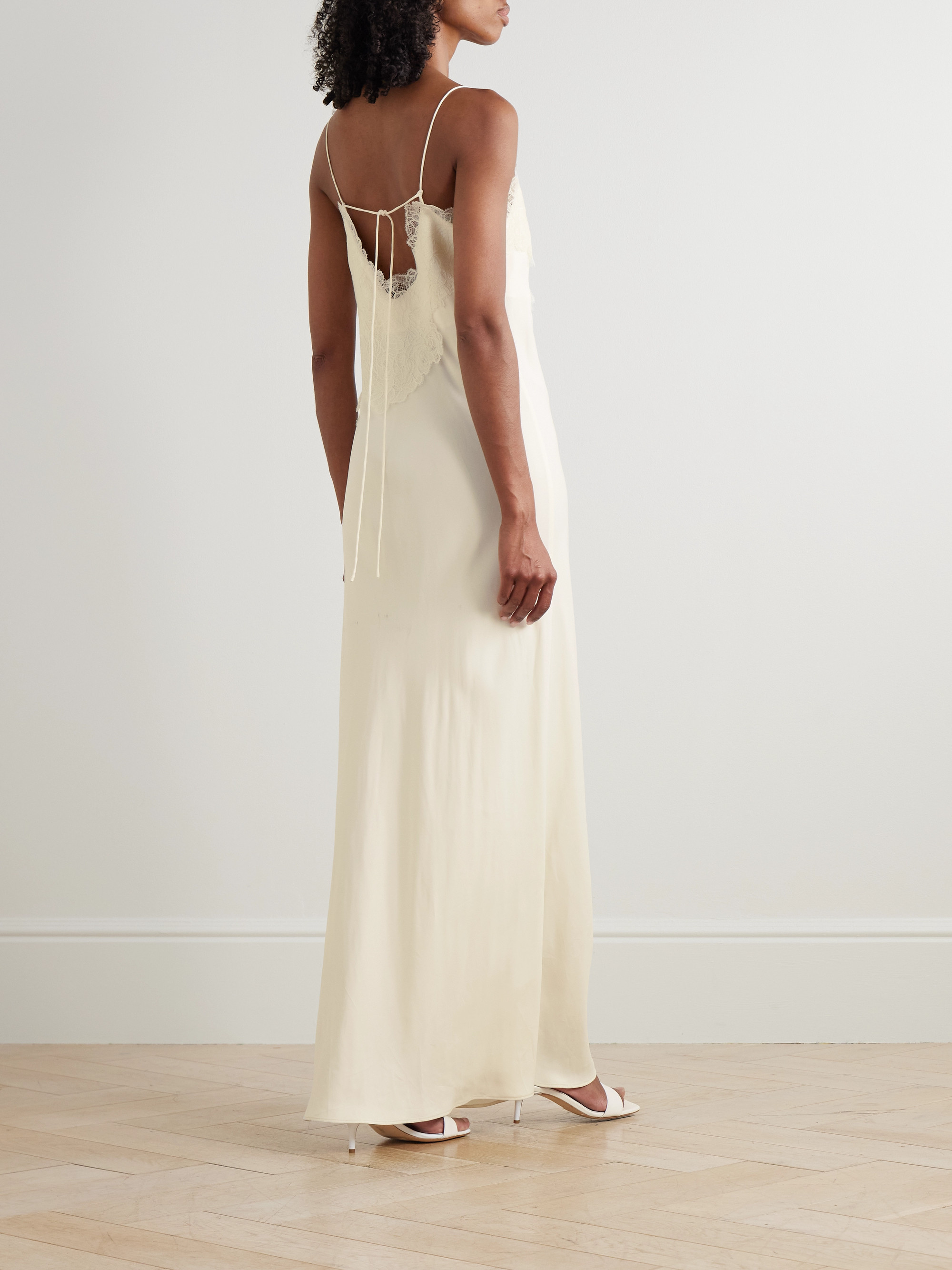 rodarte silk satin and cotton blend lace maxi dress White Silk Satin Dress With Beaded Tulle And Lace Trim Detail Rodarte