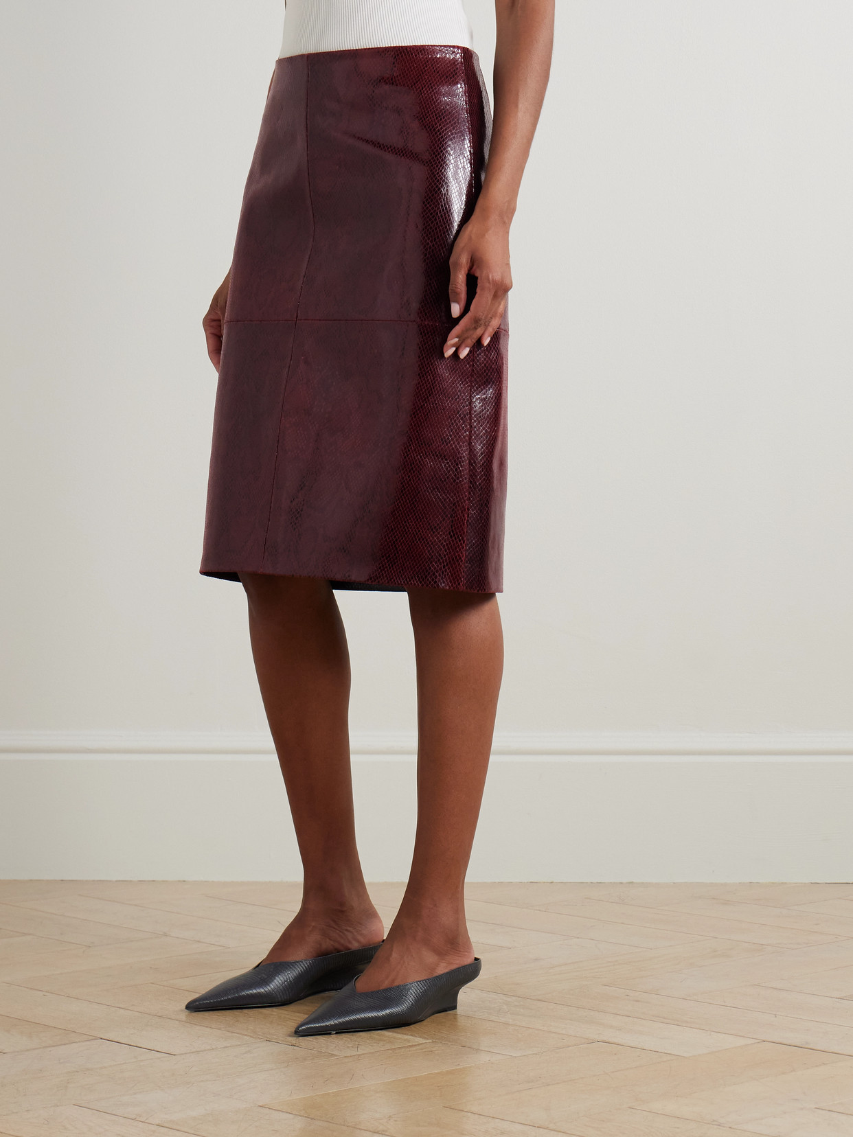 Rohe Paneled Snake-effect Patent-leather Midi Skirt In Burgundy