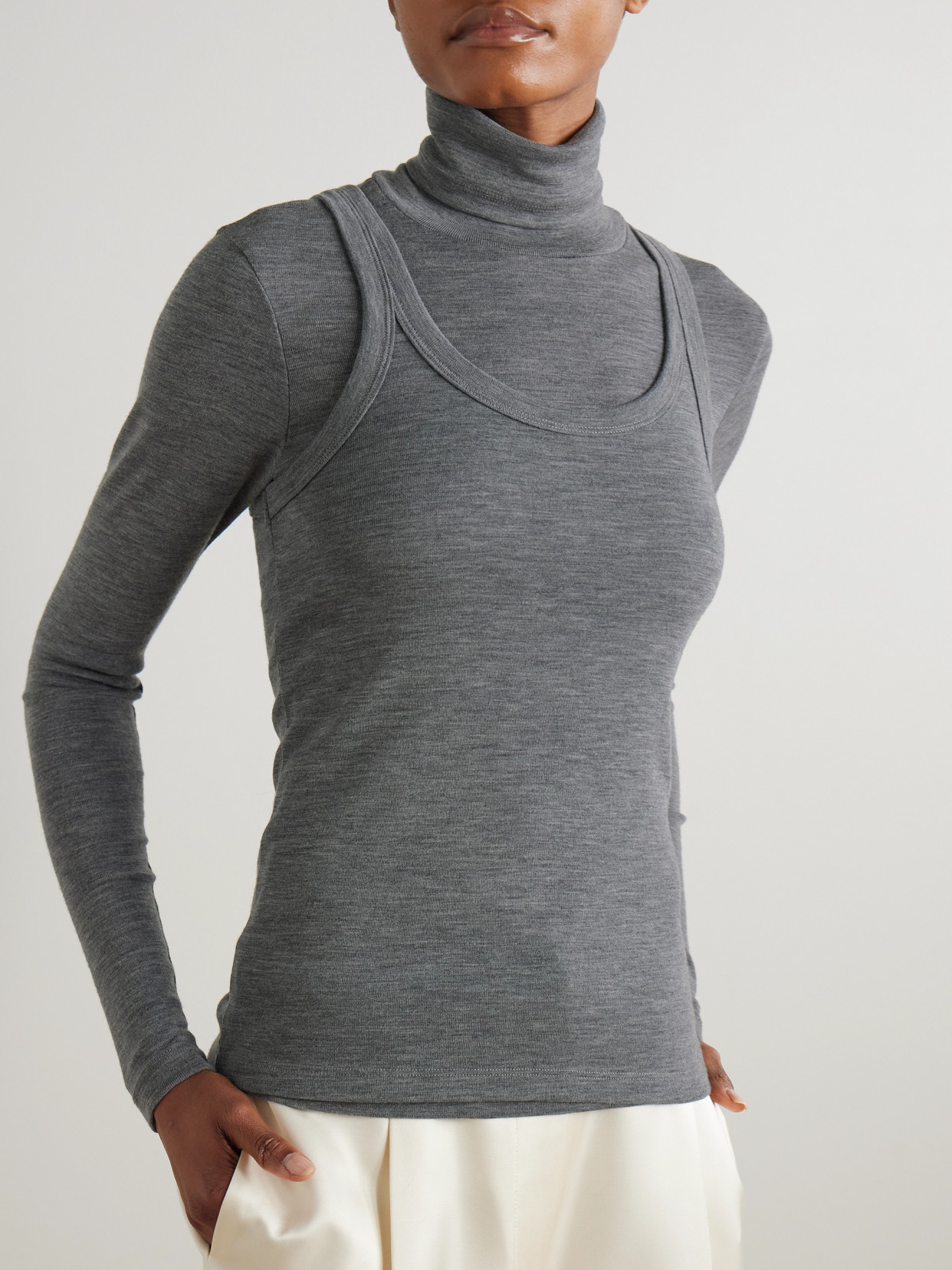 Rohe Convertible Layered Merino Wool-jersey Turtleneck Top In Gray